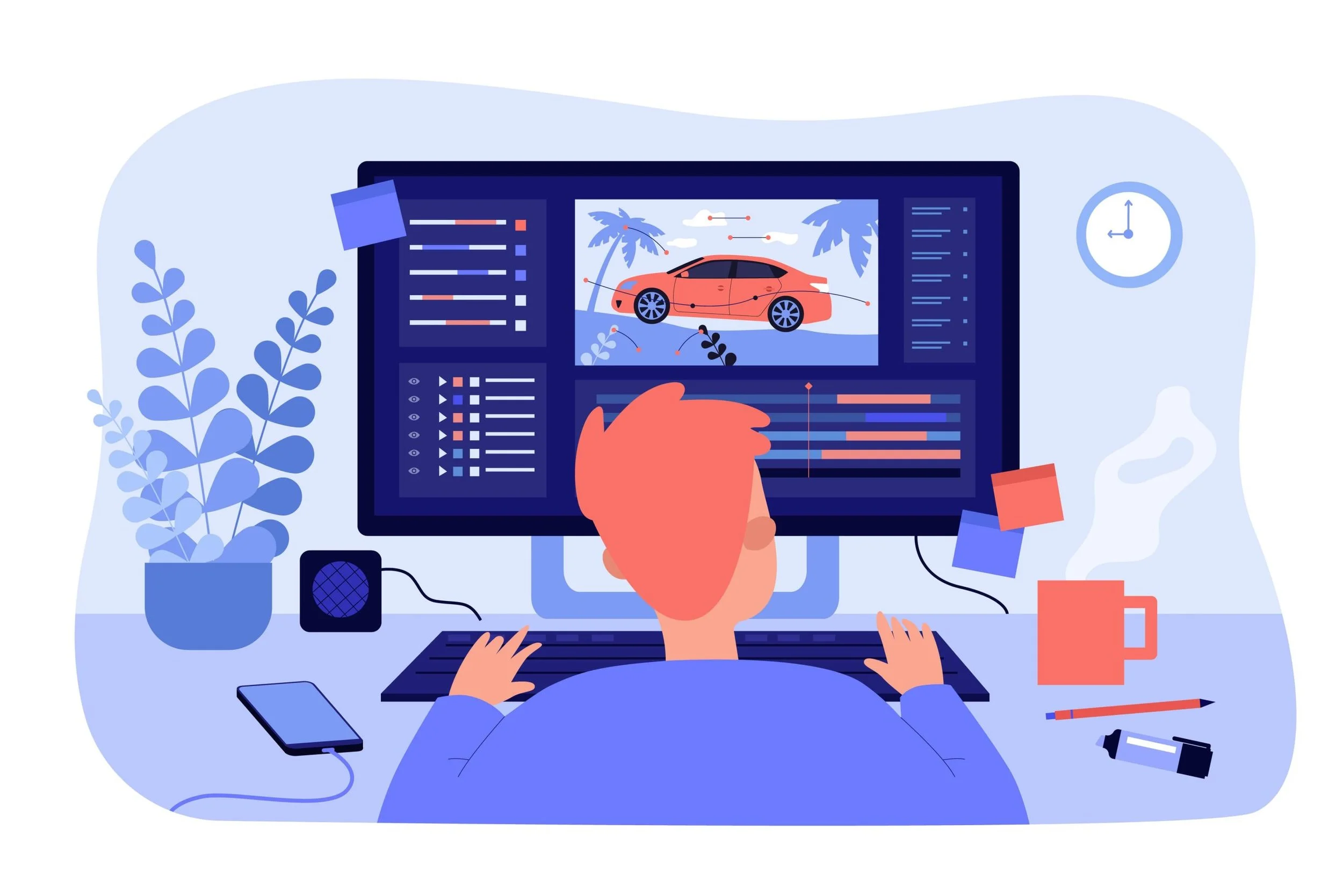Illustration of a person at a computer designing a car model on a screen, with a plant, clock, and office items around.