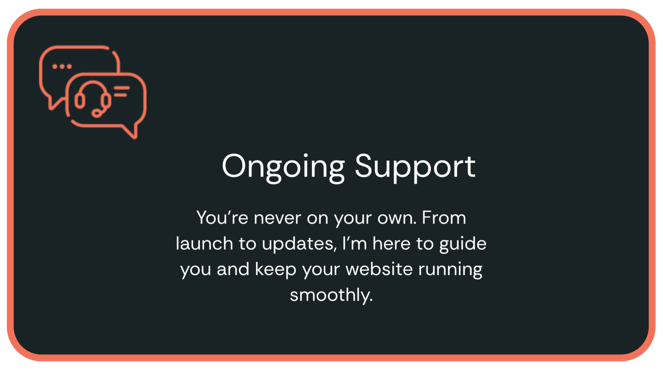Squarespace Graphic with text about ongoing support, featuring icons of speech bubbles and a headset, encouraging users that support is available for website updates and maintenance.