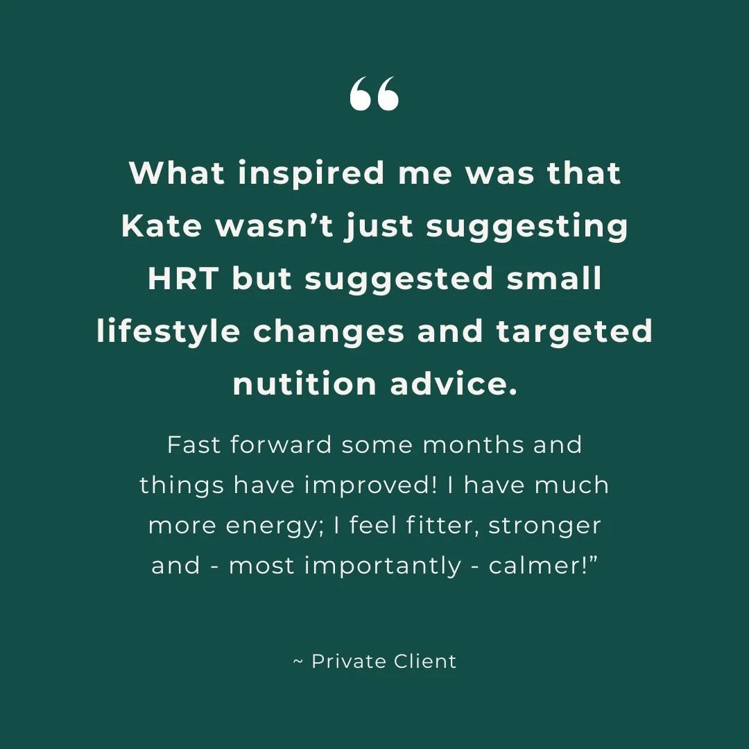 Quote about lifestyle changes and nutrition advice from a private client, emphasizing improvements in energy, fitness, strength, and calmness.