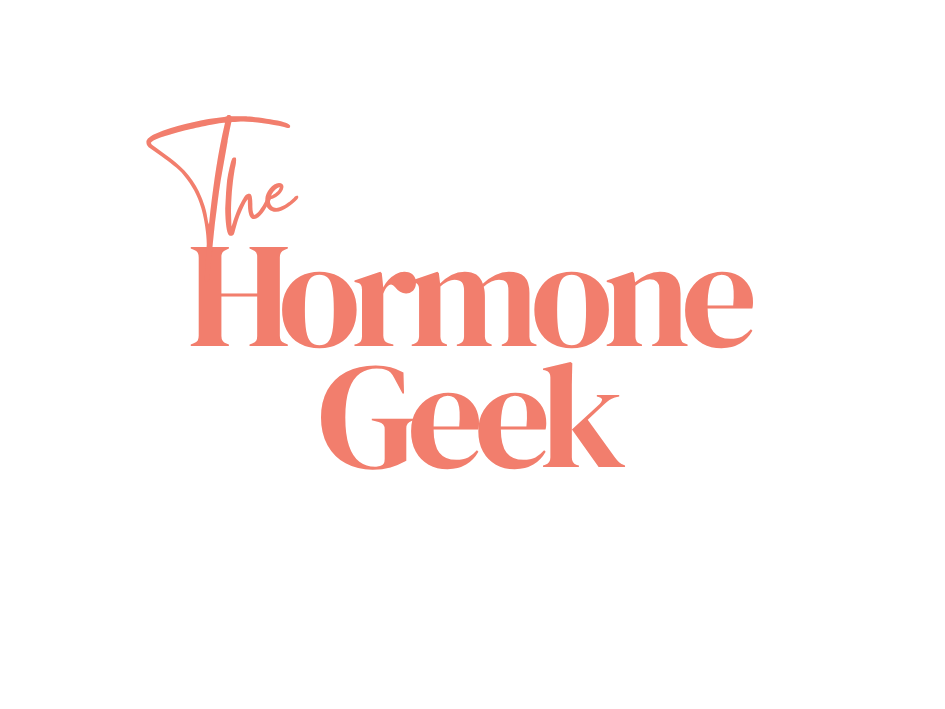 Text graphic reading "The Hormone Geek" in pink and black font on a black background.