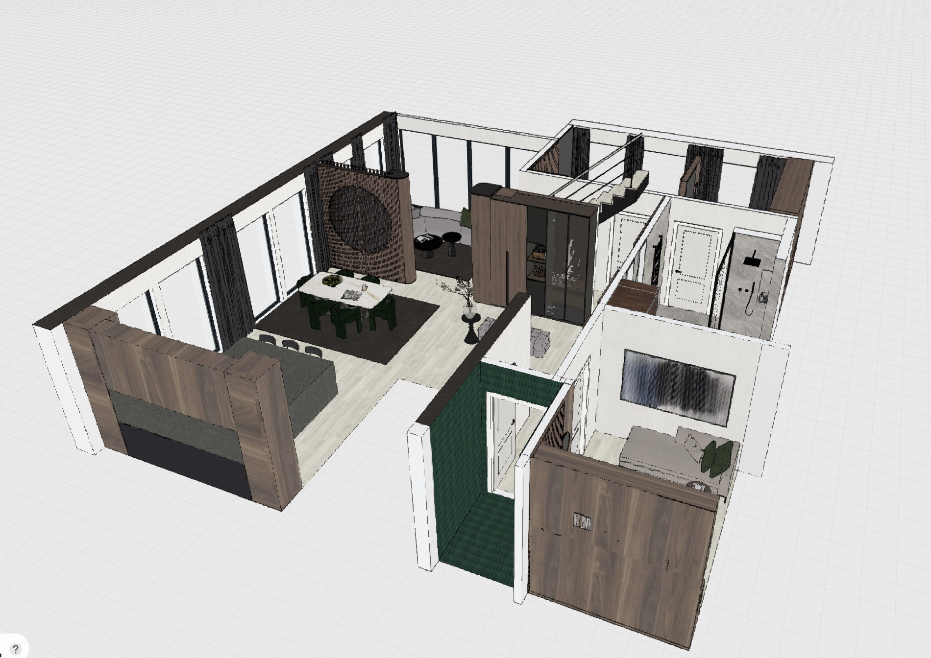 Virtueller 3D-Entwurf einer modernen Wohnung mit offenem Grundriss, Wohnzimmer, Essbereich, Küche, Schlafzimmer, Badezimmer, Arbeitsbereich und Balkon.
