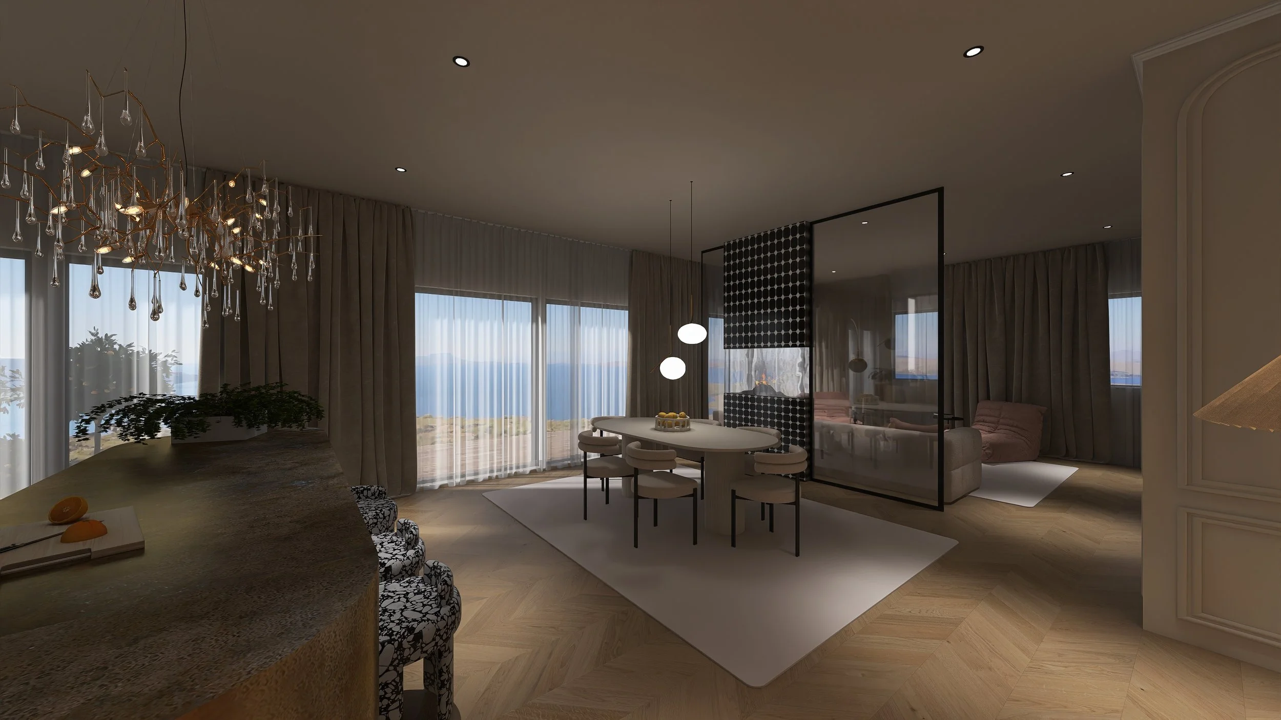 Offenes Wohnzimmer mit Esstisch, Stühlen, Stoffsofa, großer Fensterfront mit Blick aufs Meer, moderne Beleuchtung und Dekoration