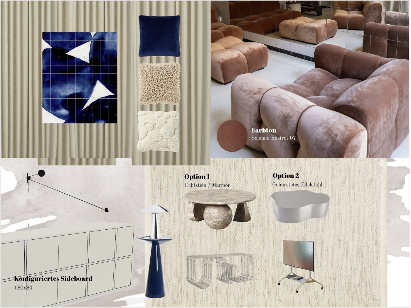 Innenarchitektur mit verschiedenen Textilien, Farben und Möbeln. Auf der linken Seite Stoffproben in Blau, Beige, Creme und Craft. Auf der rechten Seite ein Raum mit rosenfarbenen Sesseln und Polstermöbeln. Unten Styling-Optionen für Tisch und Wandpaneele, inklusive Echtholz oder Marmor, gebürstetem Edelstahl und Möbel auf Rollen.