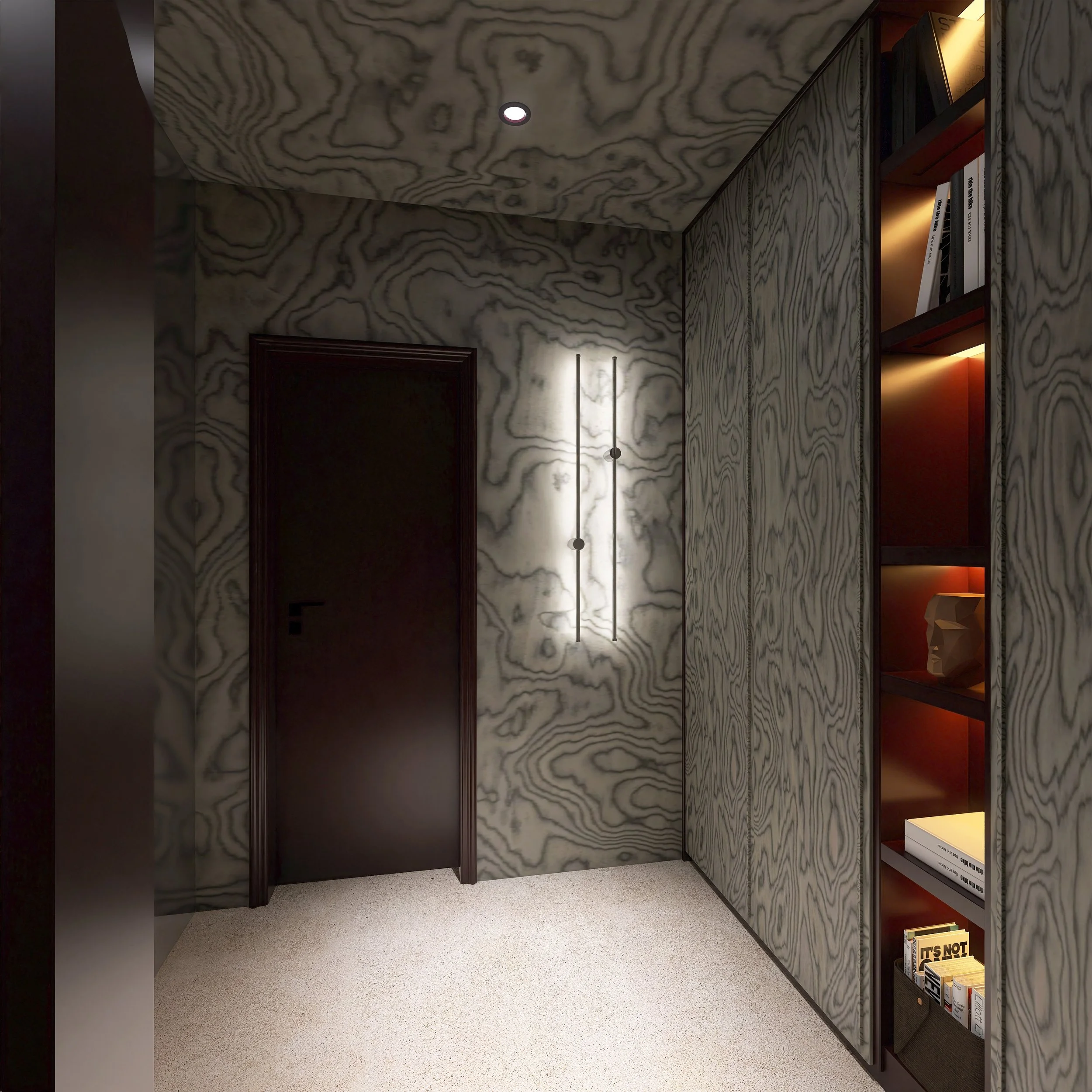 Innenansicht eines Raumes mit marbled Wand- und Deckenflächen, dunkelbrauner Tür, modernem Wandlampen-Design und offenen Bücherregal, das mit warmem Licht beleuchtet ist.