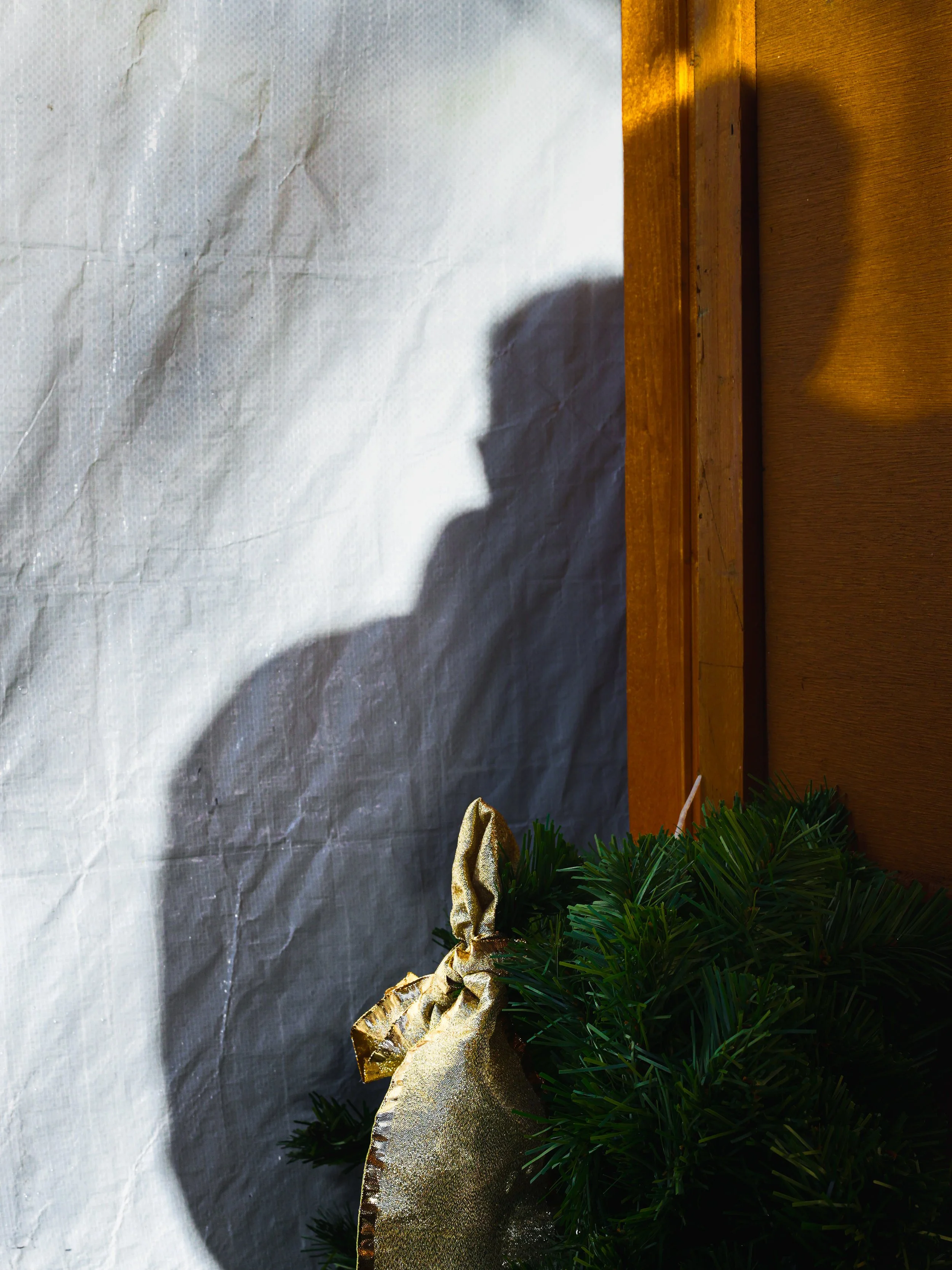 A Christmas decoration with artificial pine branches and a gold ribbon, with sunlight casting a shadow on a white textured wall and a wooden surface in the background.