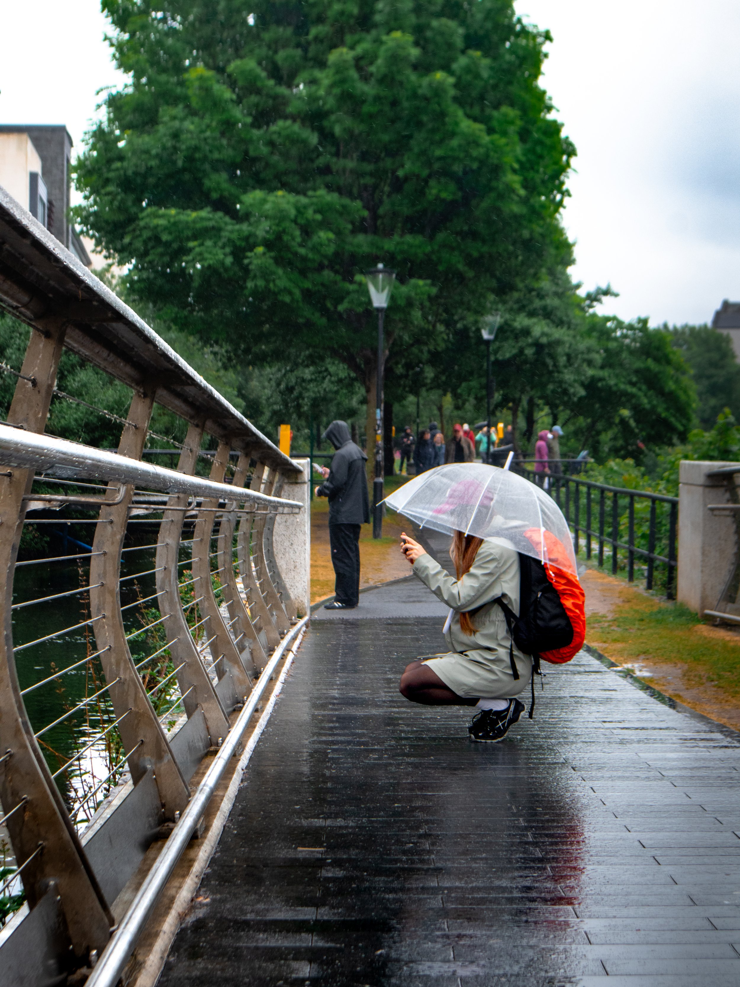 A person squatting on a wet sidewalk holding a transparent umbrella, taking a photo with a smartphone, with several other people in the background during a rainy day in a park.