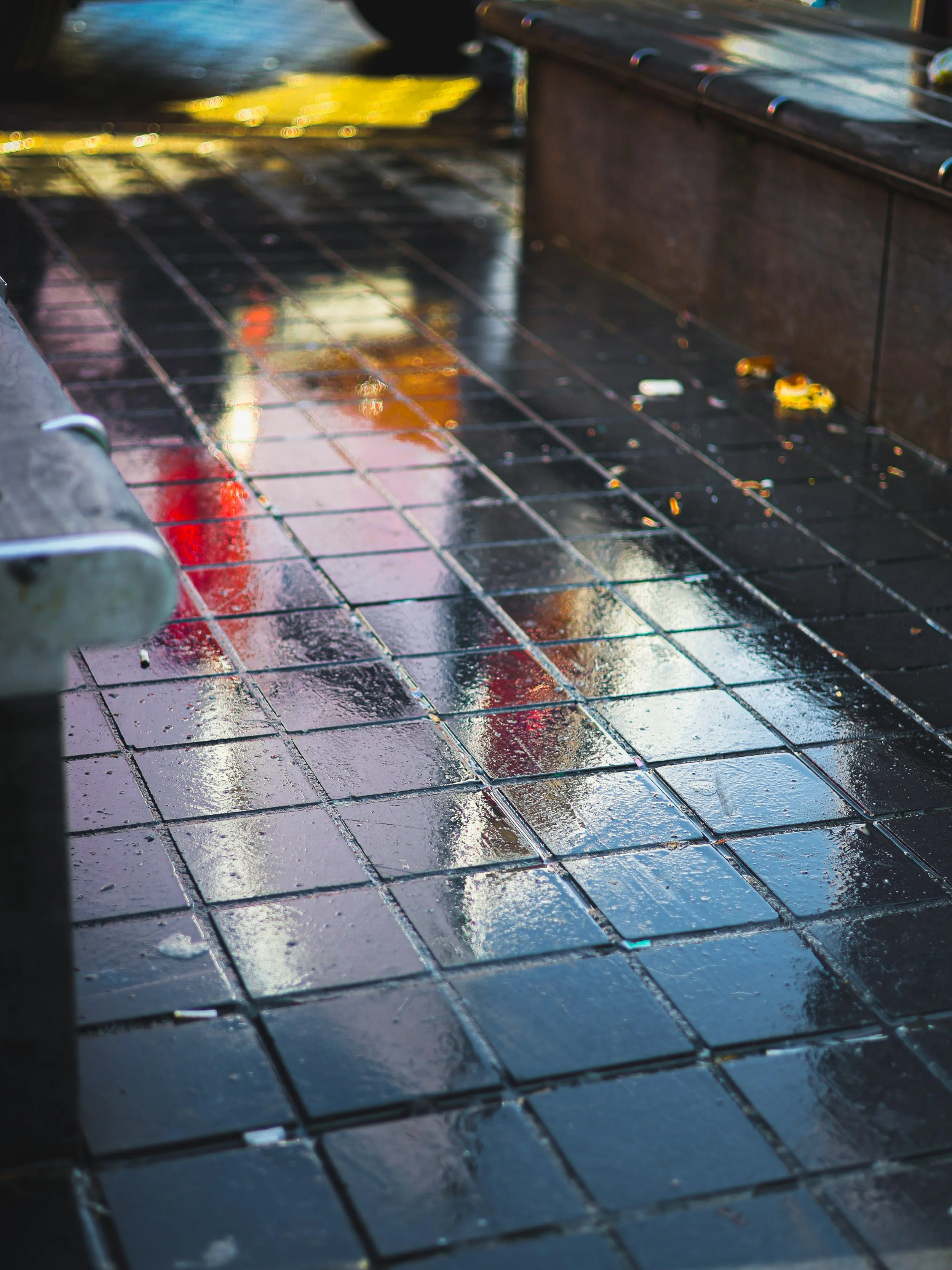 Wet black tiled sidewalk with reflections of colorful lights and some scattered leaves and debris.