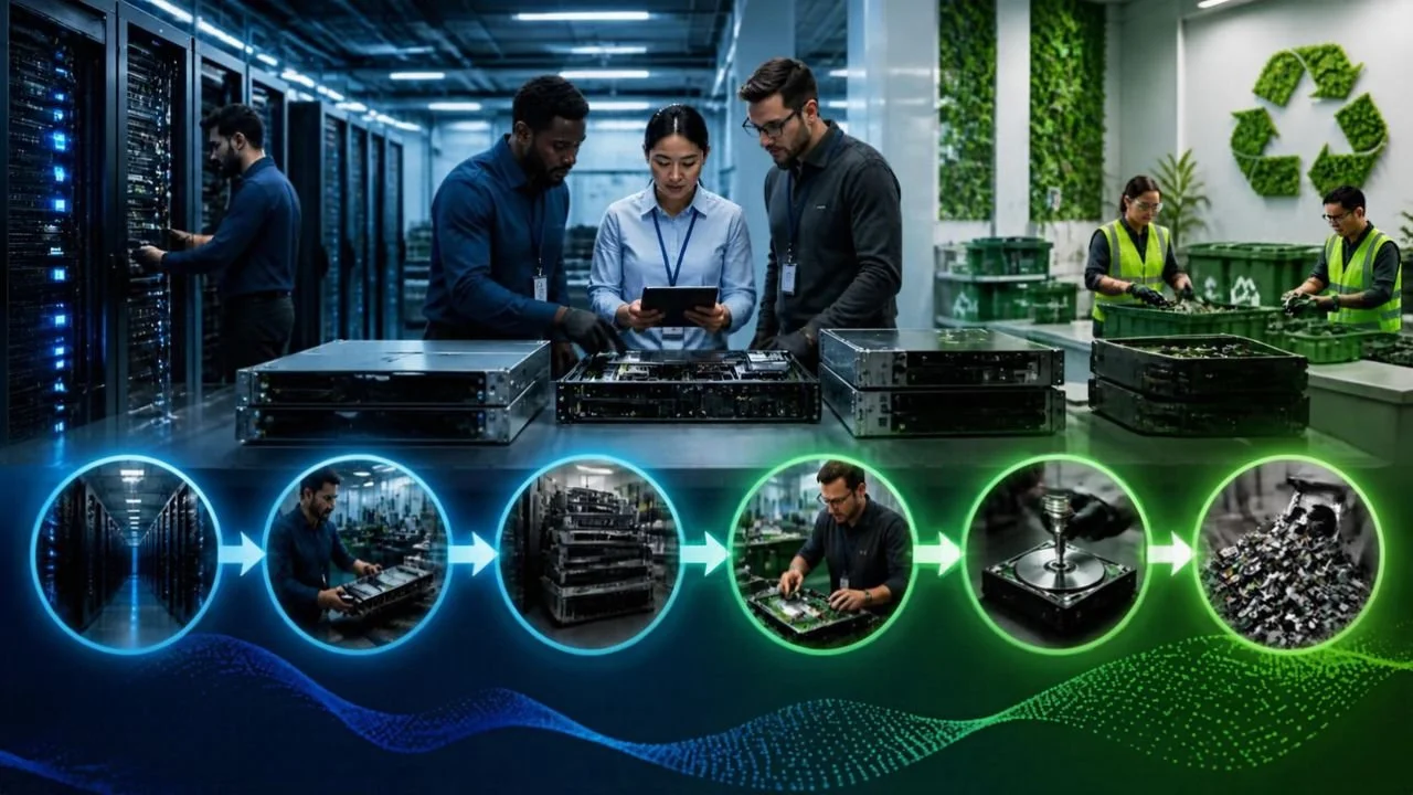 IT professionals reviewing retired servers and networking equipment for IT asset disposition, secure data destruction, asset recovery, resale, and responsible e-waste recycling.