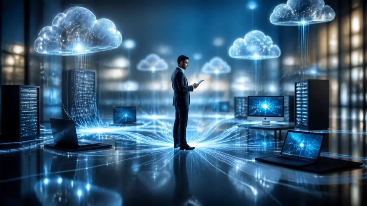 Professional standing at the center of a modern digital ecosystem connected to cloud applications, devices, AI systems, and enterprise technologies, representing identity as the foundation of modern cybersecurity.