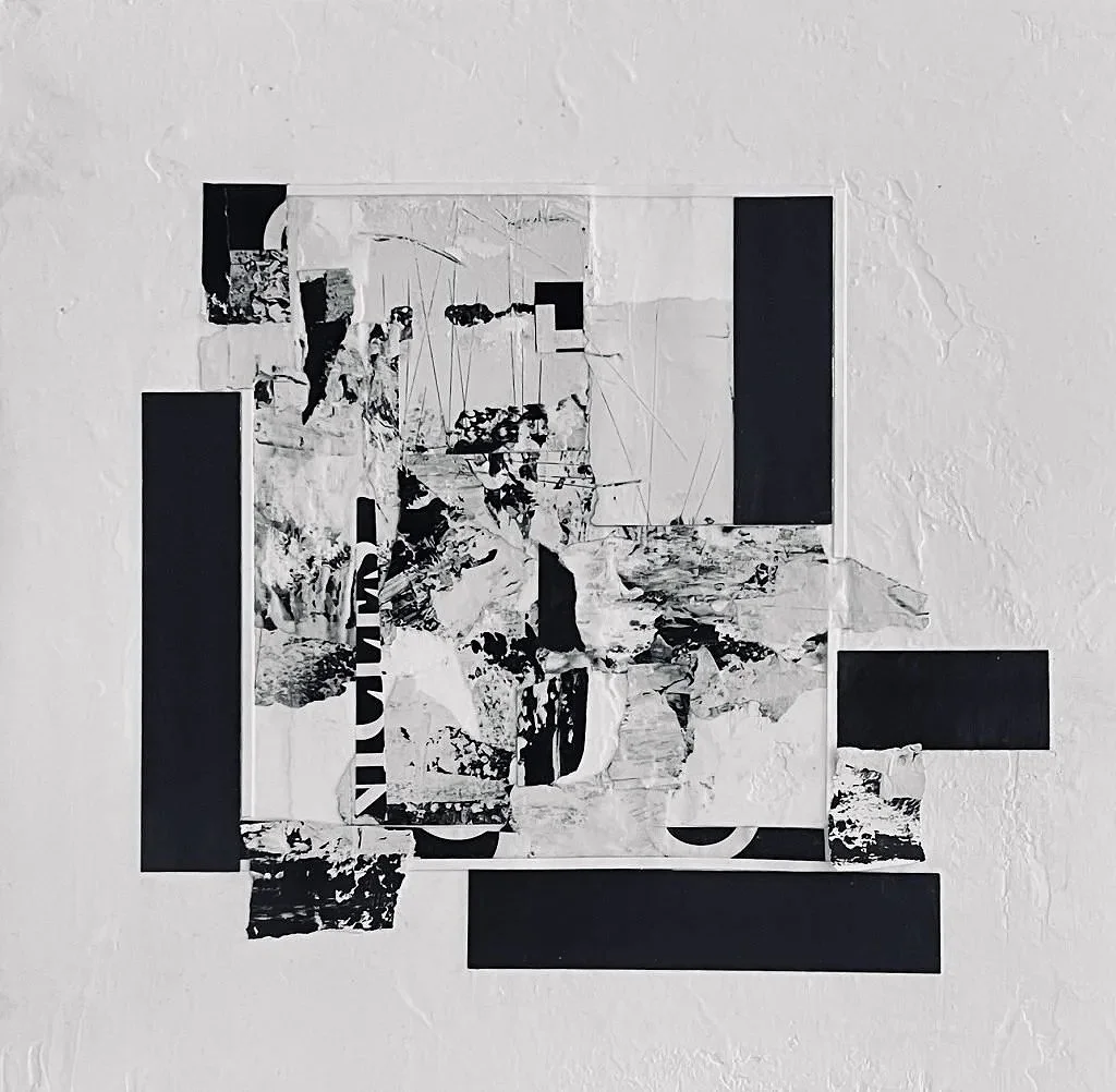   BITS AND PIECES  
12 x 12 Mixed Media Collage on 2″ Cradled Panel  
Available 
