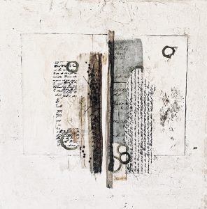   STITCHES AND STORIES II  
16 x 16 Mixed Media and Venetian Plaster on Panel Framed  
Available 
