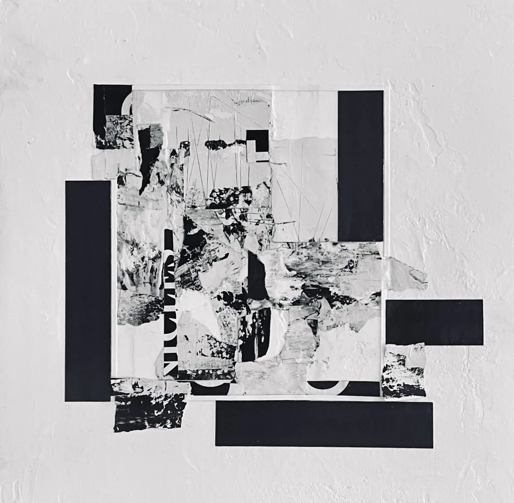   BITS AND PIECES  
12 x 12 Mixed Media Collage on 2″ Cradled Panel  
Available 
