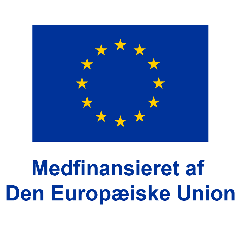 European Union flag with yellow stars on a blue background and Danish text that reads 'Medfinansiert af Den Europæiske Union'