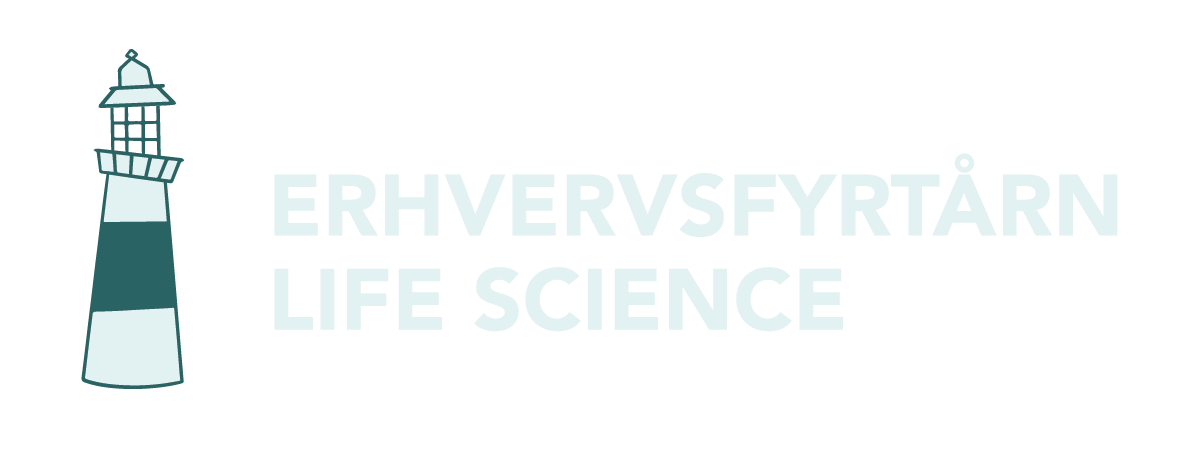 A logo featuring a lighthouse illustration and text in both Norwegian and English that reads 'ERHVERVFYRTÅRN LIFE SCIENCE'.