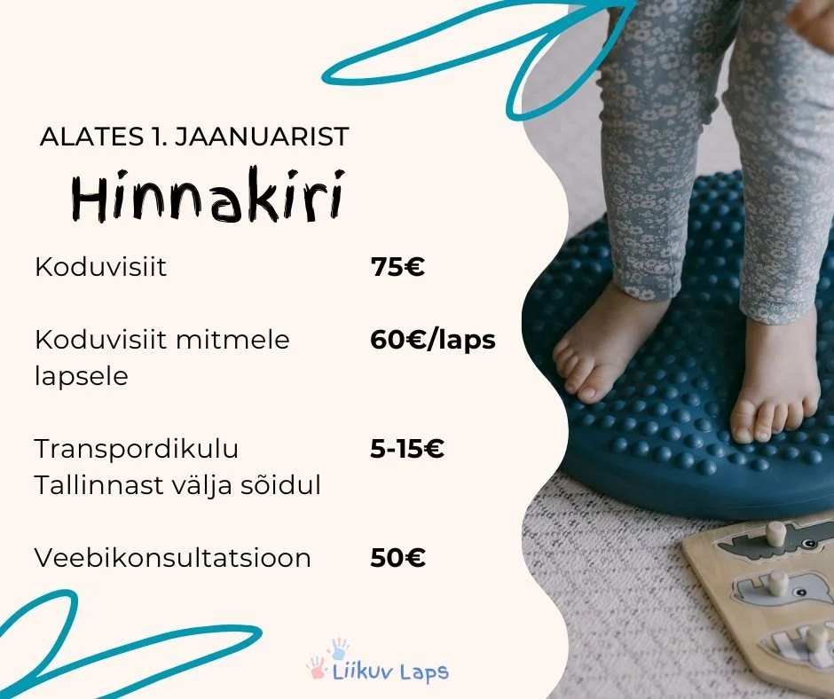 Armsad emmed-issid!
Alates 1.jaanuarist 2026  hakkab kehtima uus tasuliste teenuste hinnakiri:
🔹F&uuml;sioterapeudi koduvisiit - 75&euro;
🔹F&uuml;sioterapeudi koduvisiit mitmele sama pere lapsele - 60&euro;/laps
🔹Transpordikulu Tallinnast v&auml;l