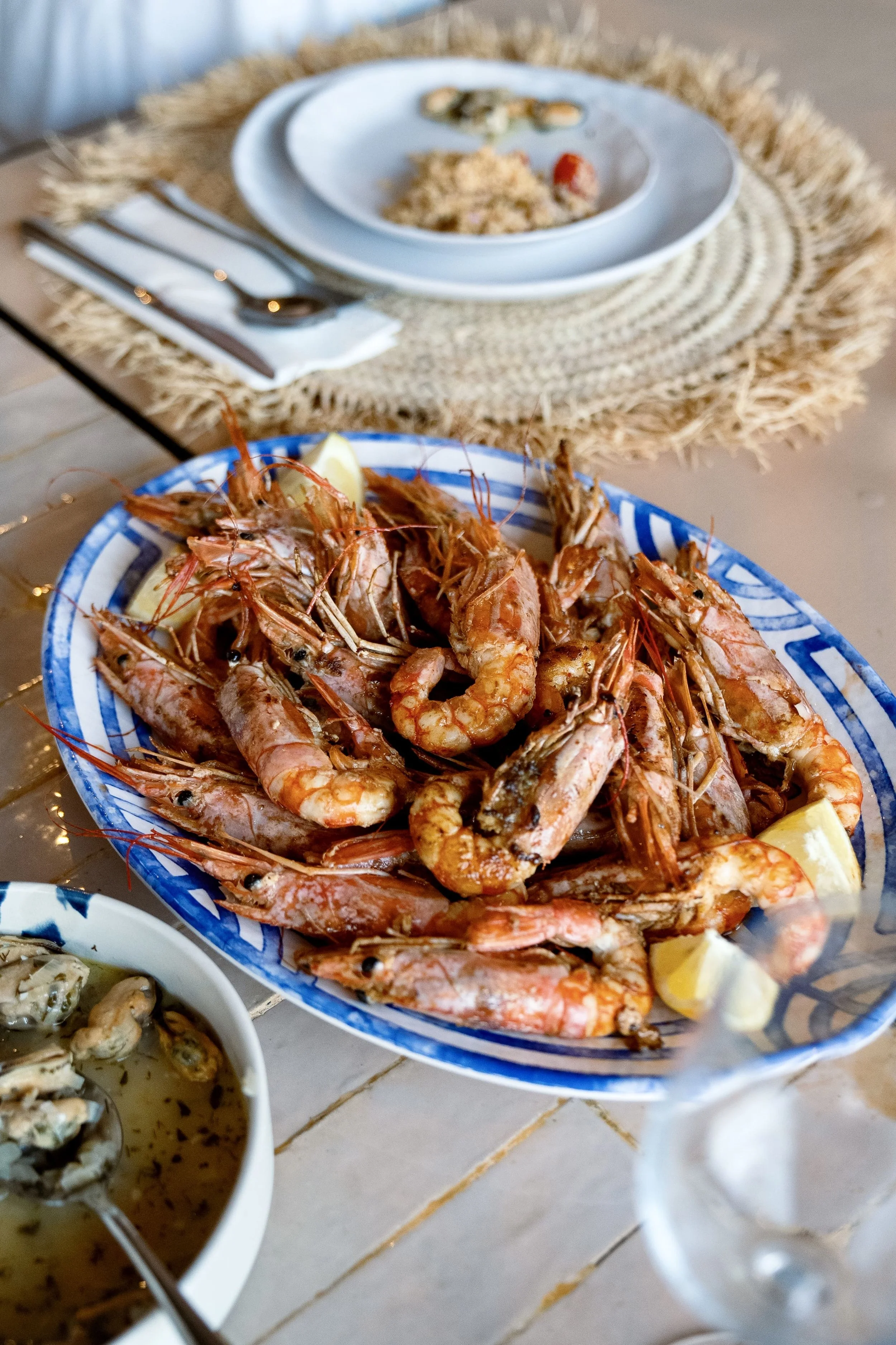 Greek plate with bbq prawns