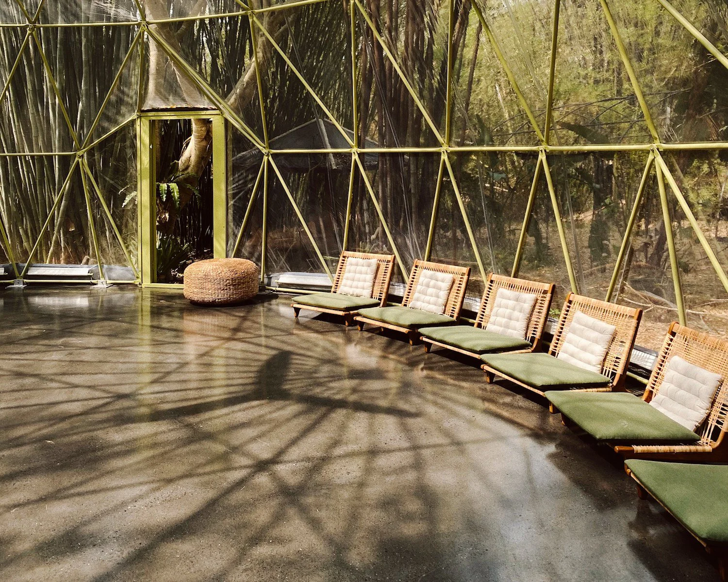 Empty room with a row of rattan chairs with green cushions, a woven ottoman, and an exit door, inside a geodesic glass structure surrounded by trees.