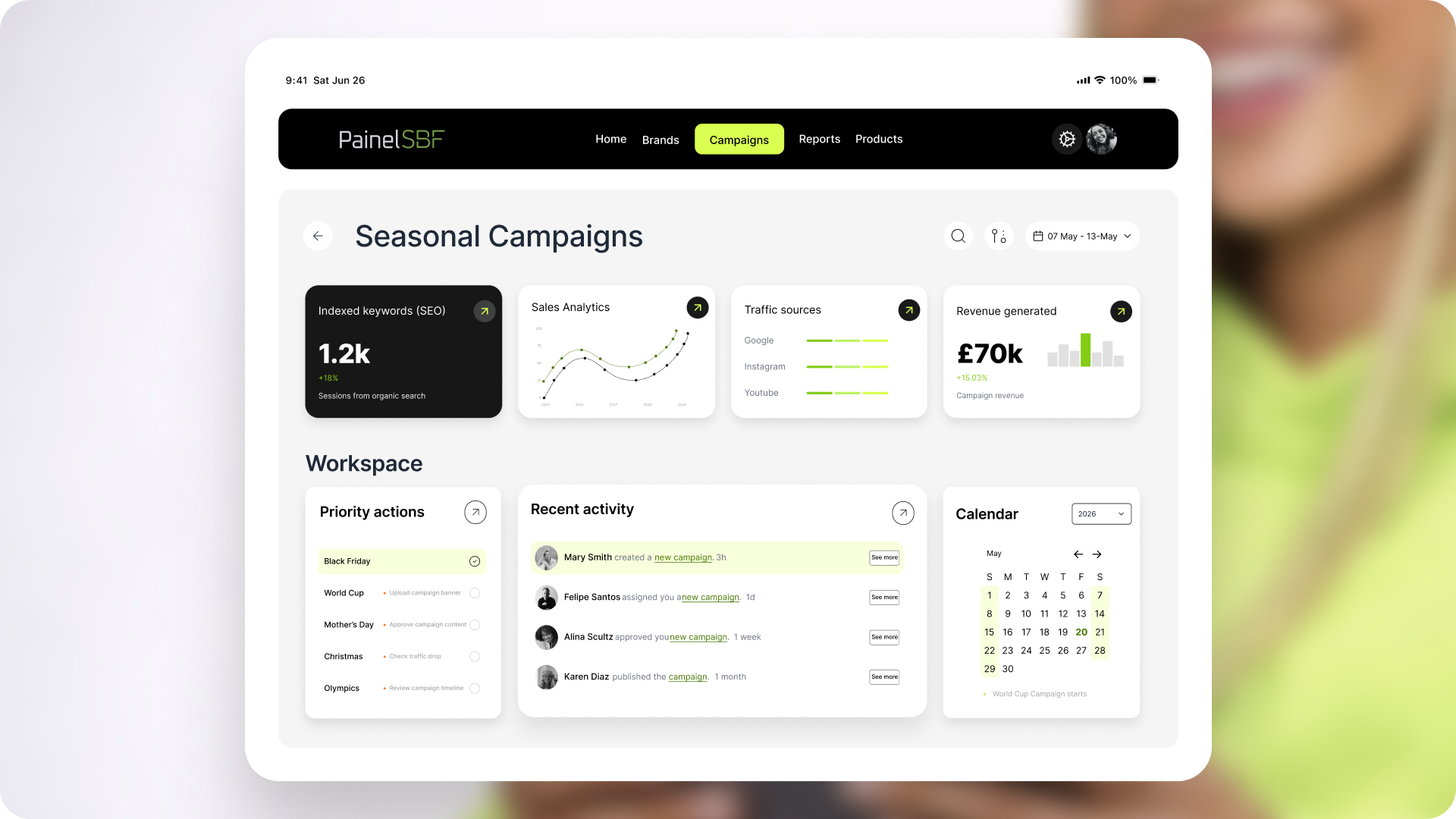 Screenshot of a digital marketing dashboard titled 'Seasonal Campaigns' with various data widgets, charts, and a calendar interface.