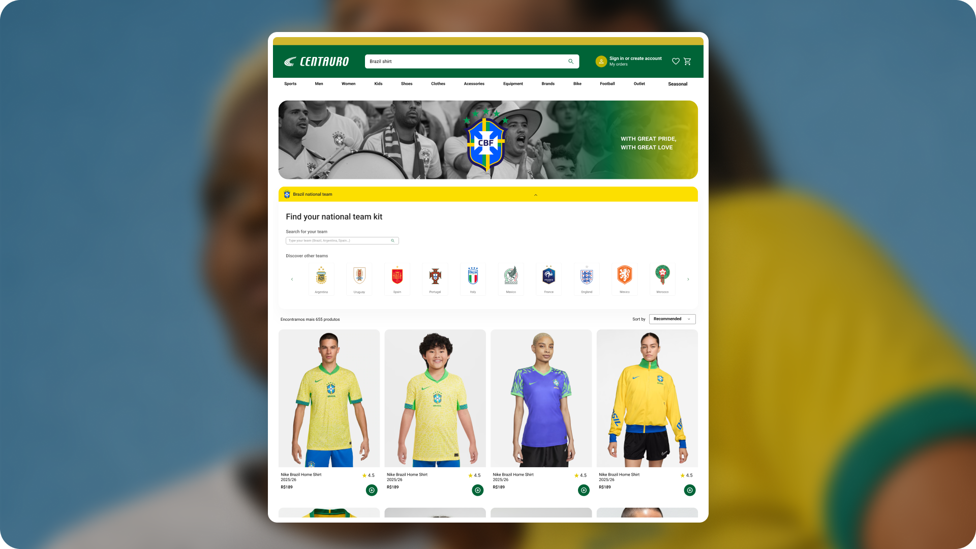 A webpage from a sports apparel and equipment online store focused on the Brazilian national soccer team. It features a search bar, menu categories, promotional banner with Brazil team pride, a section to find team kits for various countries, and displays of Brazilian soccer jerseys with prices.