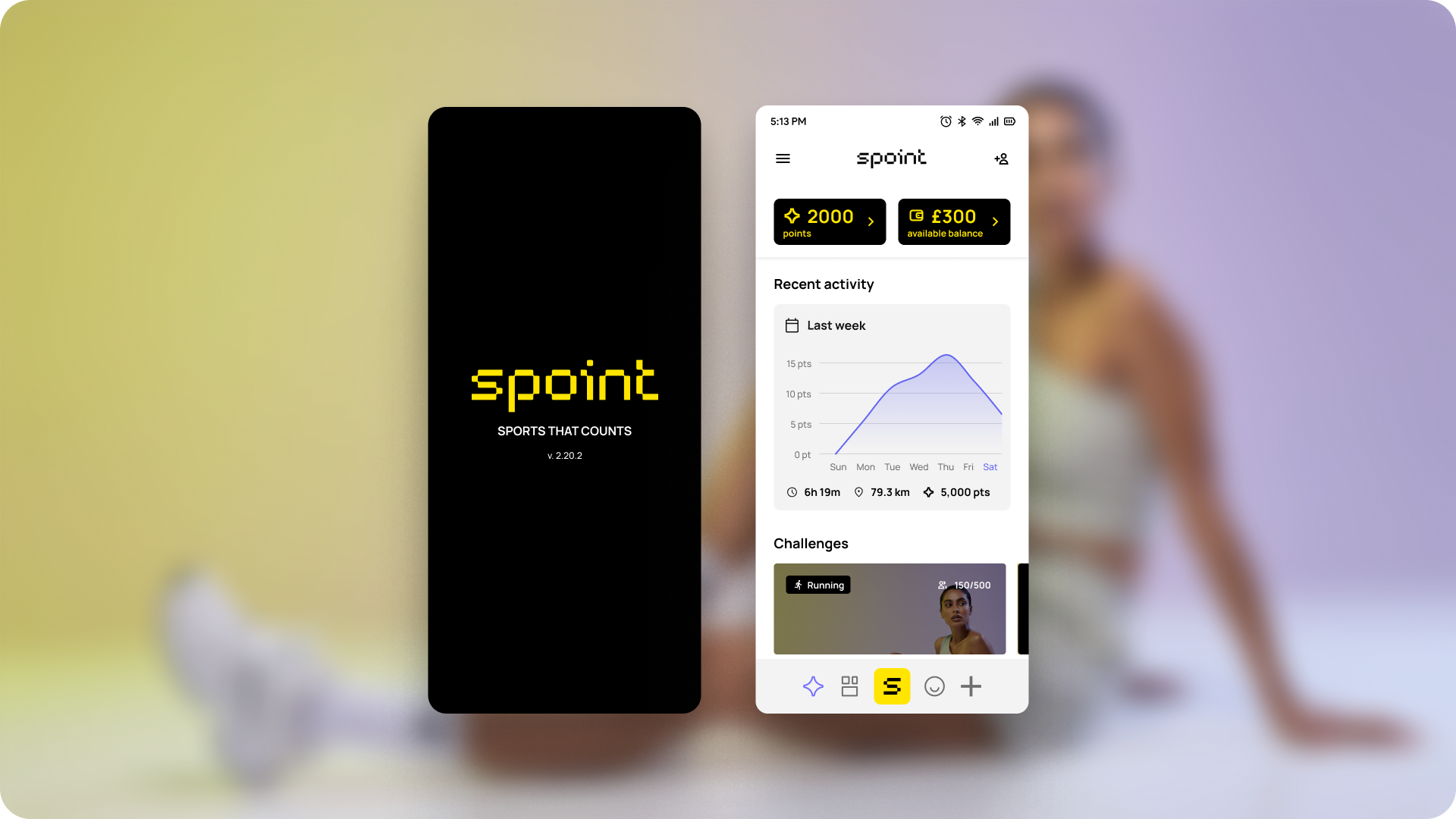 Smartphone screens displaying the 'spoint' fitness app, with the app's logo and interface showing points earned, recent activity, and ongoing challenges, positioned against a blurred background of a woman in activewear sitting on the floor.