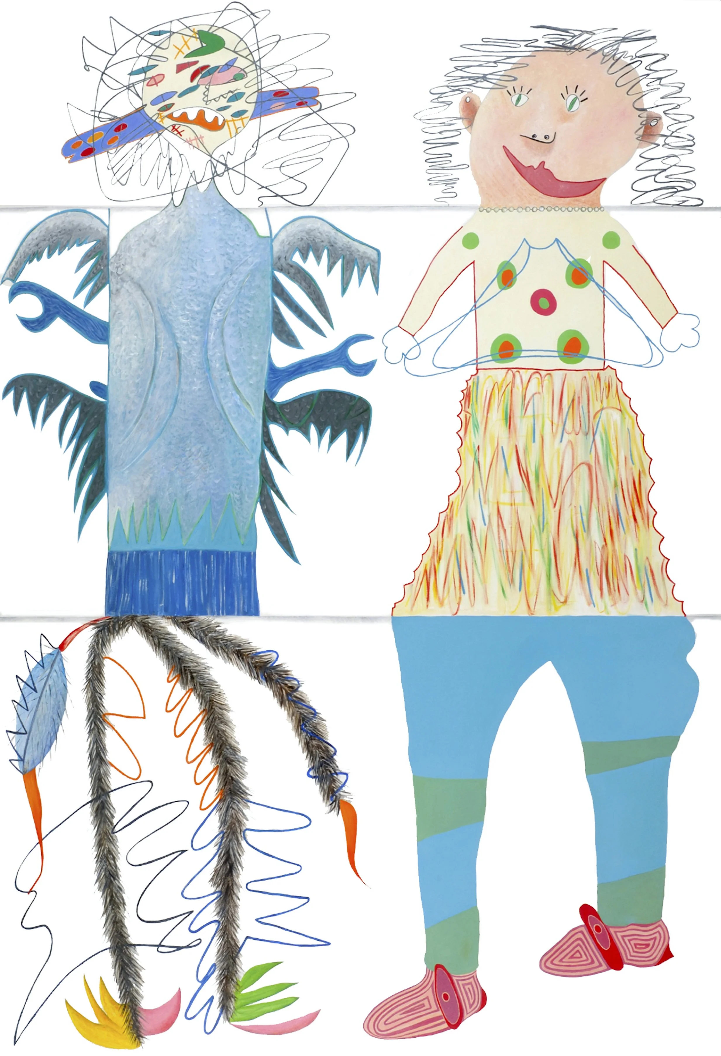 Child's colorful drawing of a person with spiky hair, big smile, and patterned clothing, holding something in hands, with a face composed of various shapes and colors, featuring a blue skirt-like bottom and quirky shoes, surrounded by abstract, artis