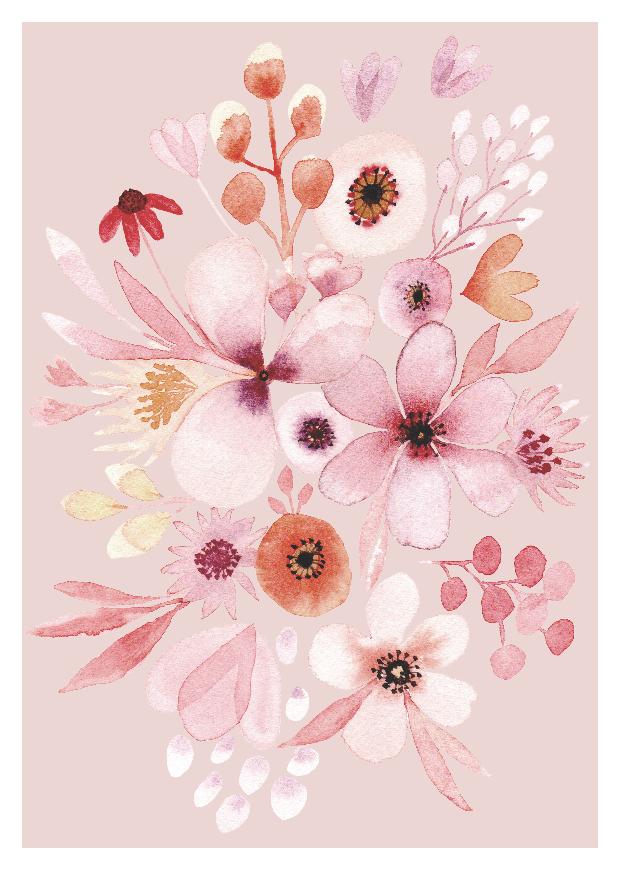 Watercolor illustration of pink, white, and orange flowers and leaves on a light pink background.