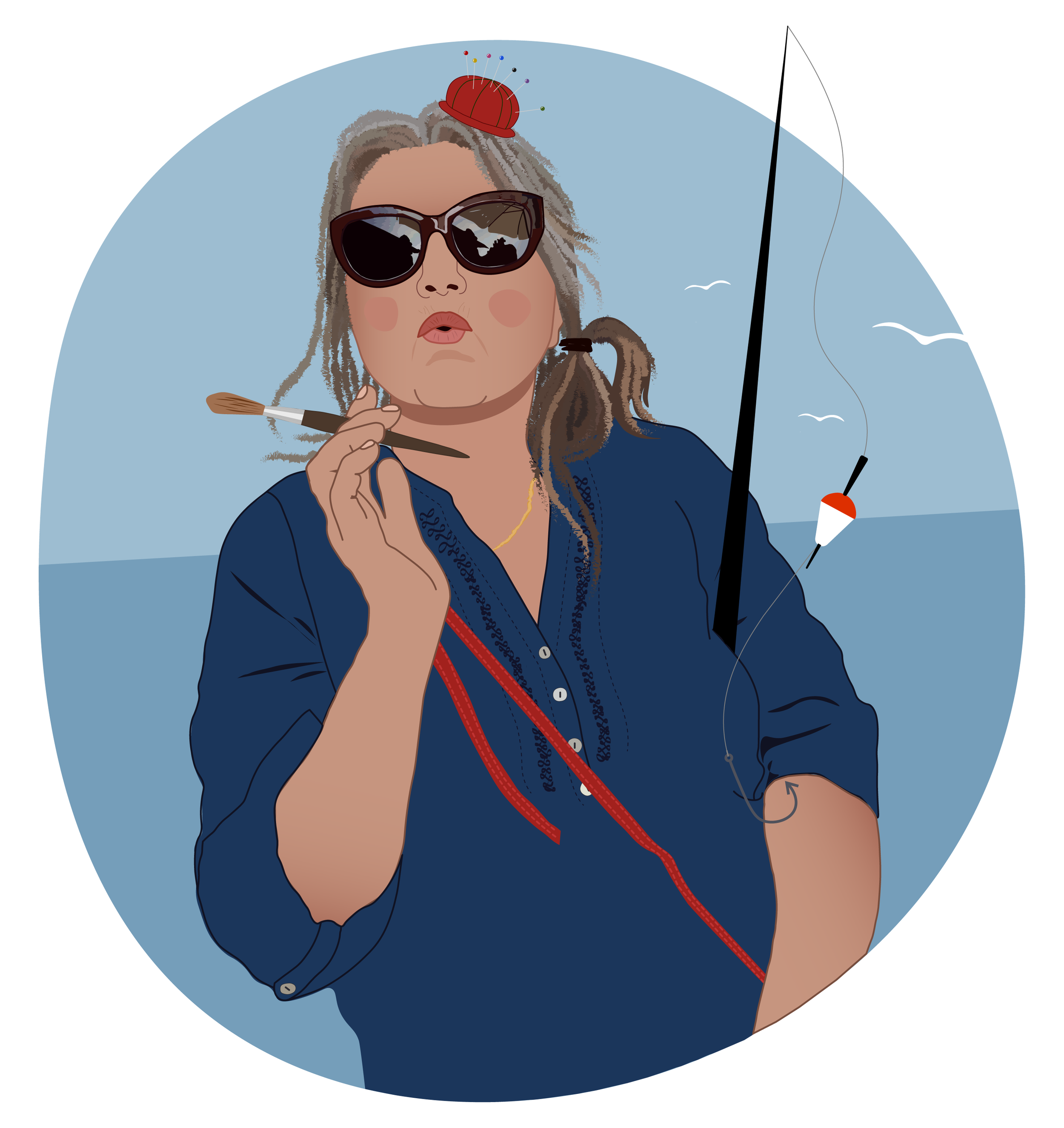 Illustration of a woman with gray dreadlocks wearing sunglasses, a dark blue shirt, and a gold necklace, holding a paintbrush near her chin. She has a red pin cushion on her head, and a fishing pole with a bobber and line in the background, all set a