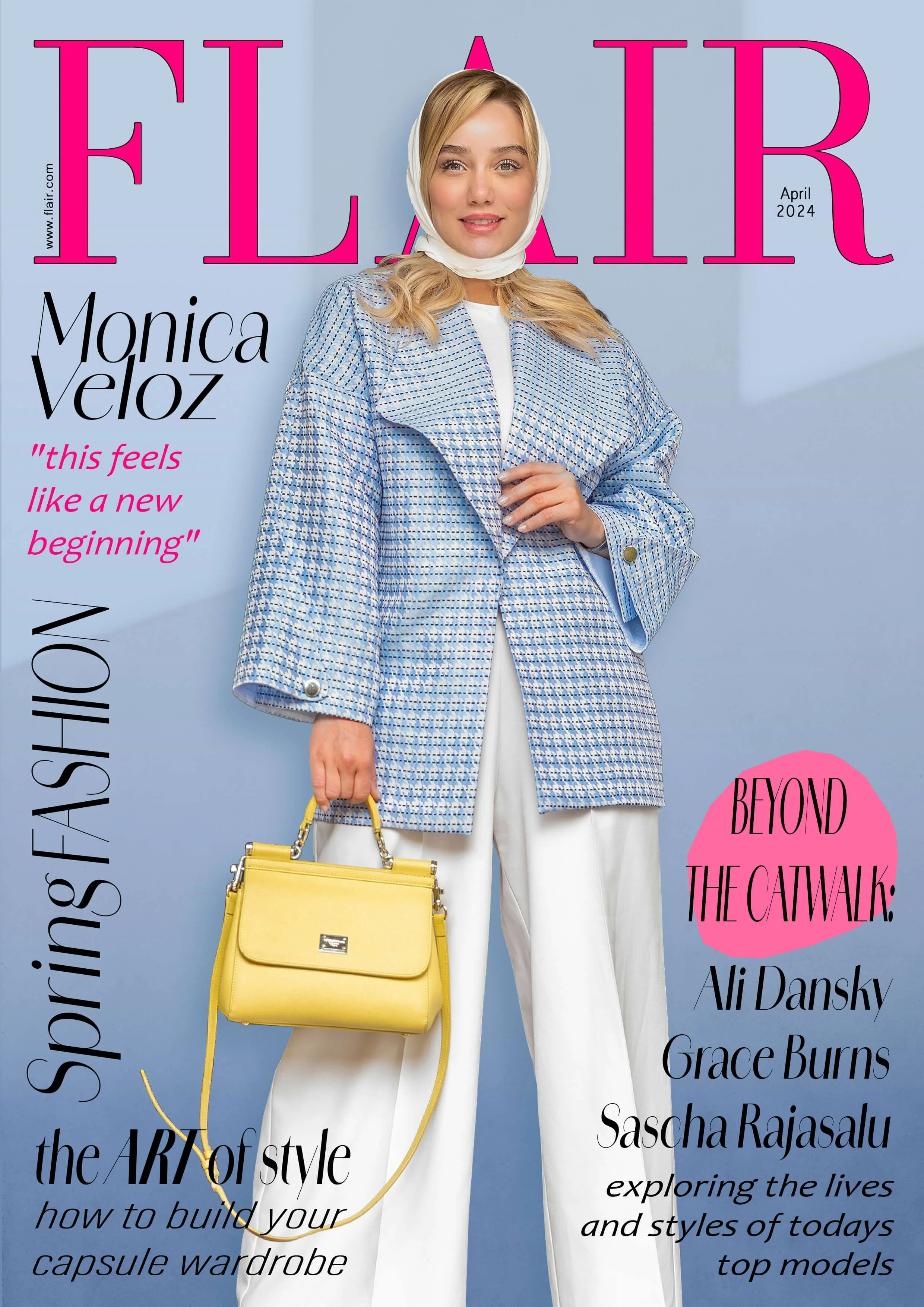 Cover of Flair magazine featuring Monica Veloz wearing a light blue patterned blazer, white pants, white headscarf, and holding a yellow handbag, set against a light blue background.