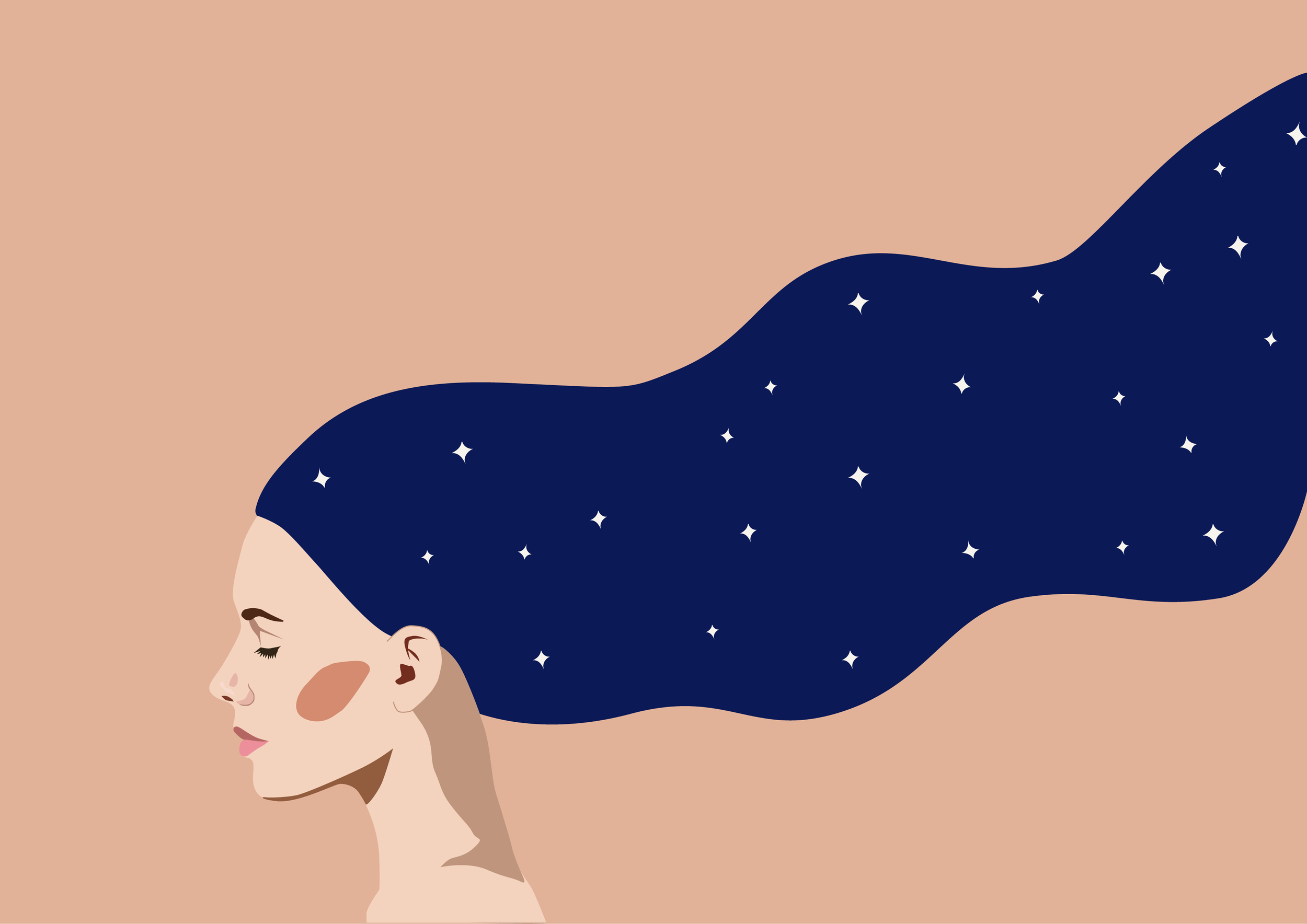 Illustration of a woman with closed eyes and long dark blue hair with stars, against a beige background.