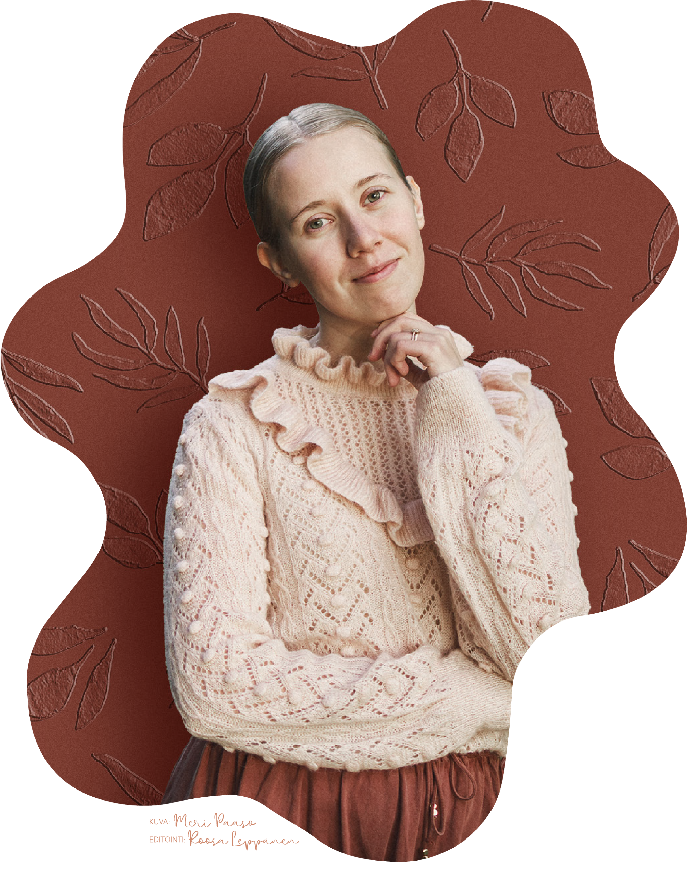 A woman with light brown hair in a bun, wearing a cream-colored, ruffled, cable-knit sweater, standing in front of a stylized brown background with leaf illustrations.