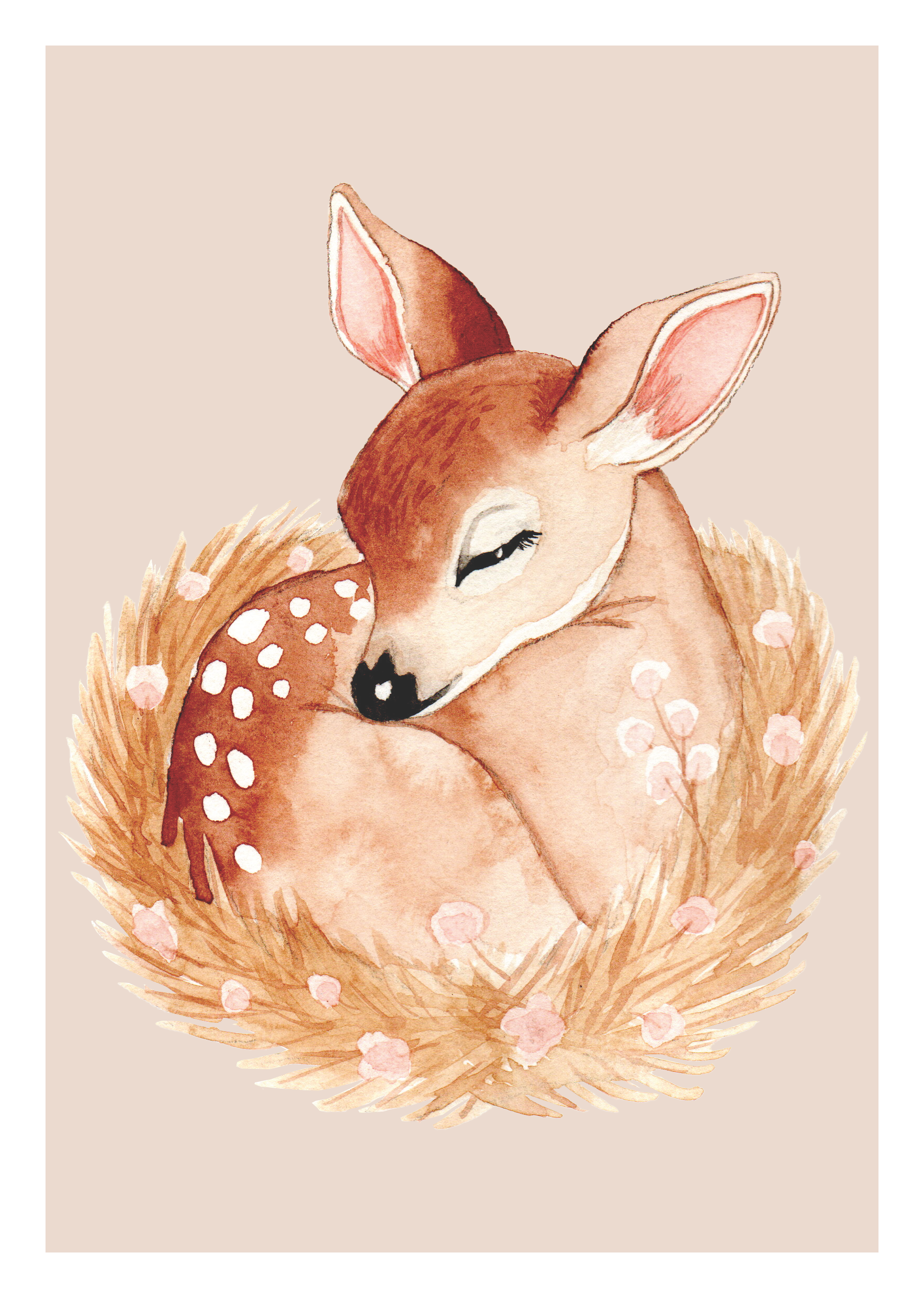 Watercolor illustration of a sleeping fawn curled up in a nest with pink flowers, on a beige background.