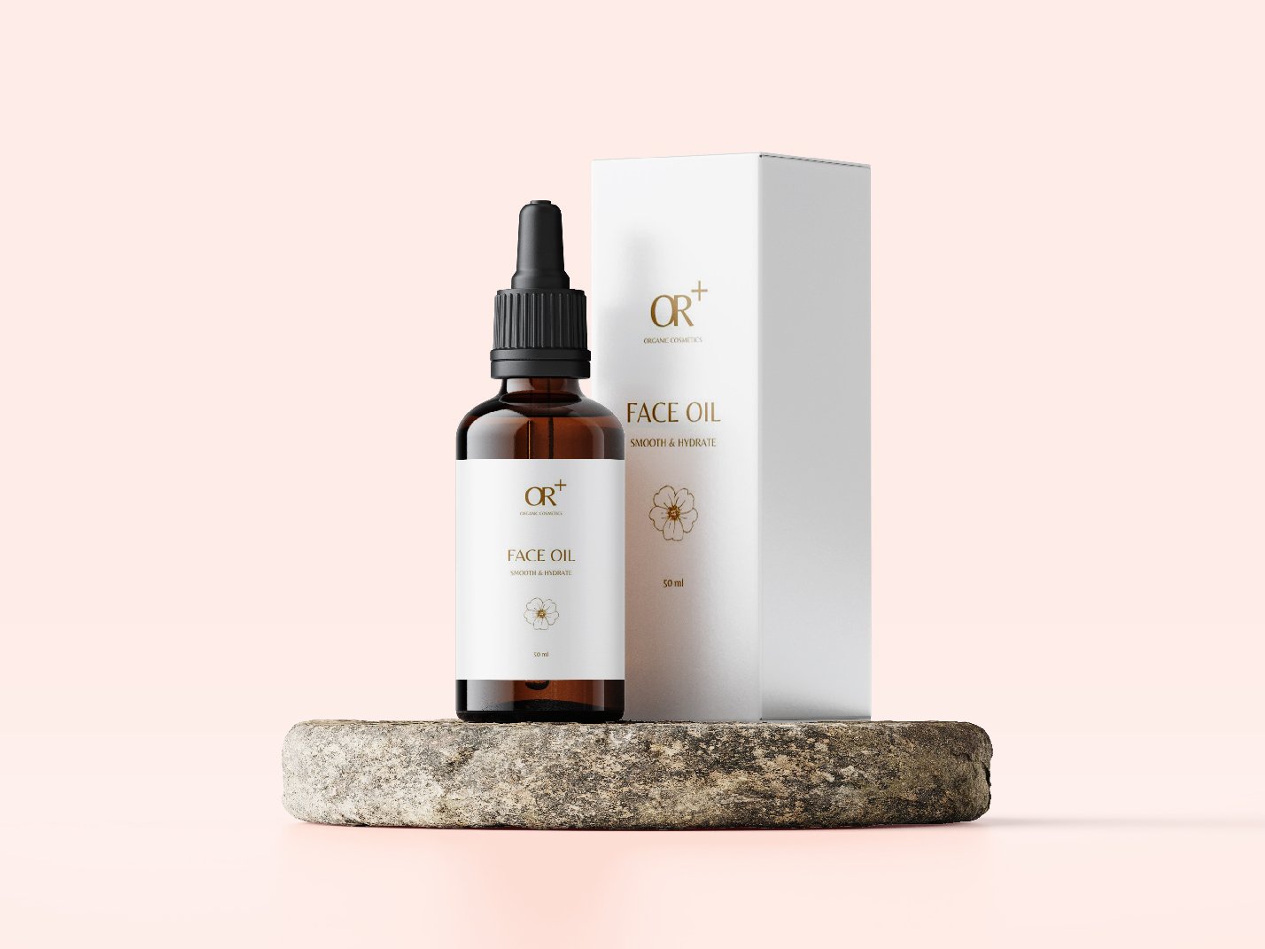 A brown glass bottle of OR+ face oil with a white label and black dropper cap, positioned on a stone slab, with a white box featuring the same branding beside it, against a light pink background.