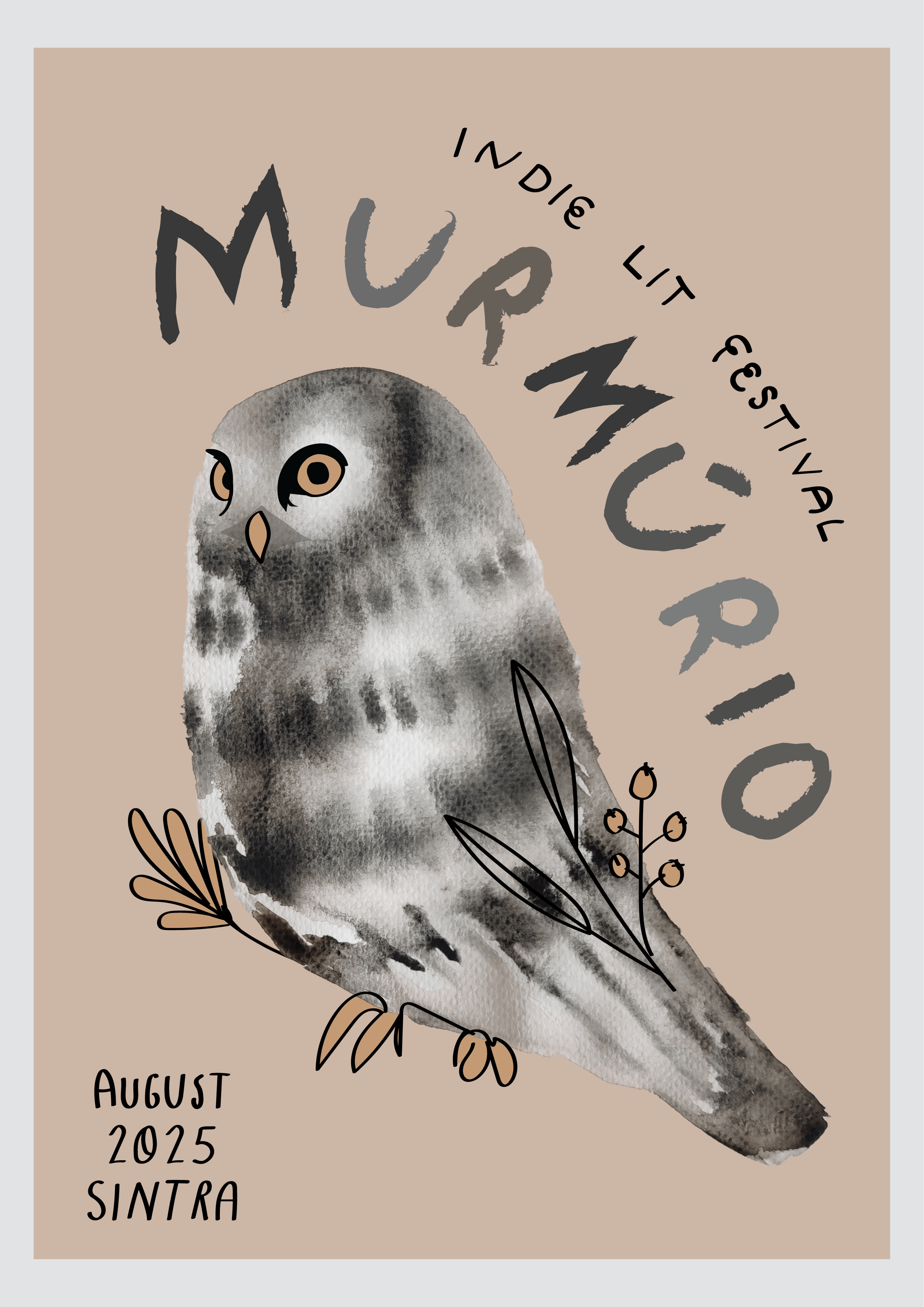 Poster for Indie Lit Festival featuring a watercolor illustration of a burrowing owl with black-outlined plant motifs, text includes 'Indie Lit Festival,' 'Murmuration,' 'August 2025,' and 'Sintra.'