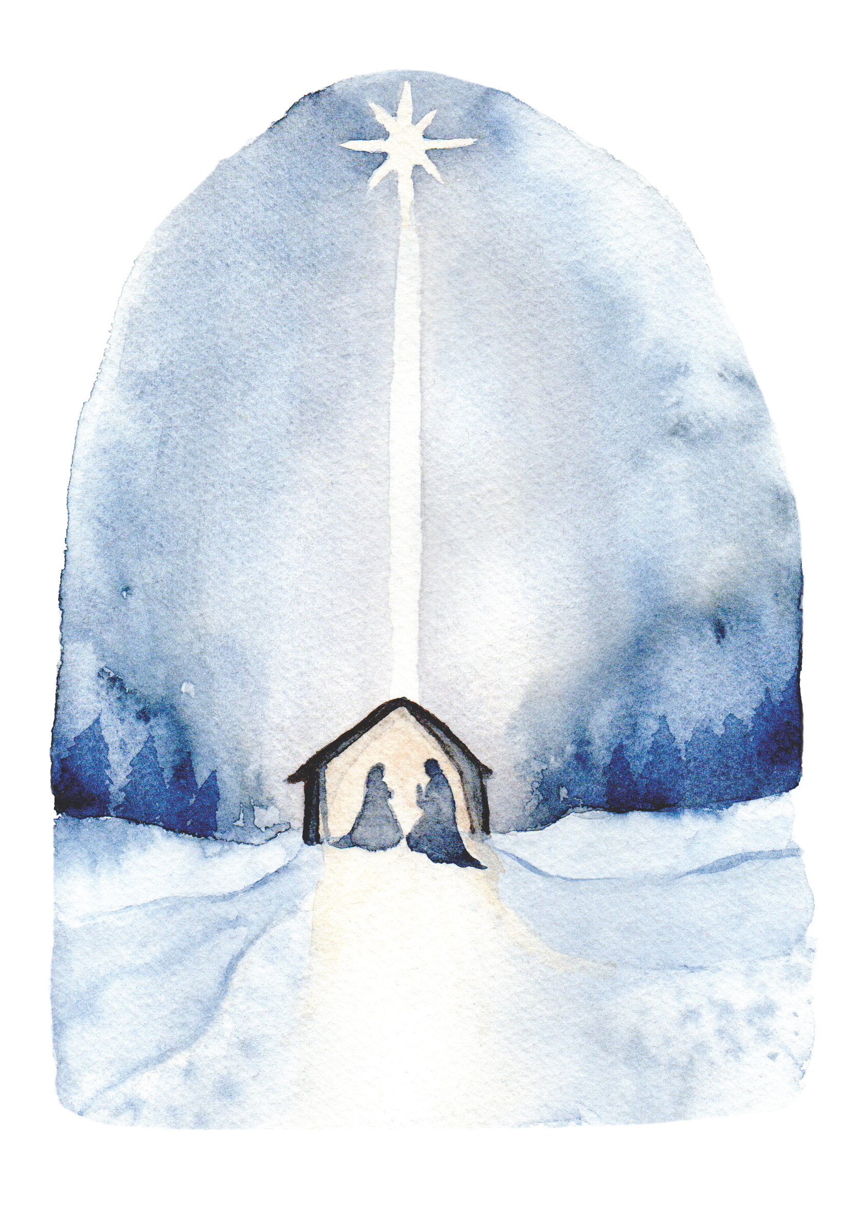 Watercolor painting of a nativity scene with a stable, two figures, and a bright star above in a snowy landscape.
