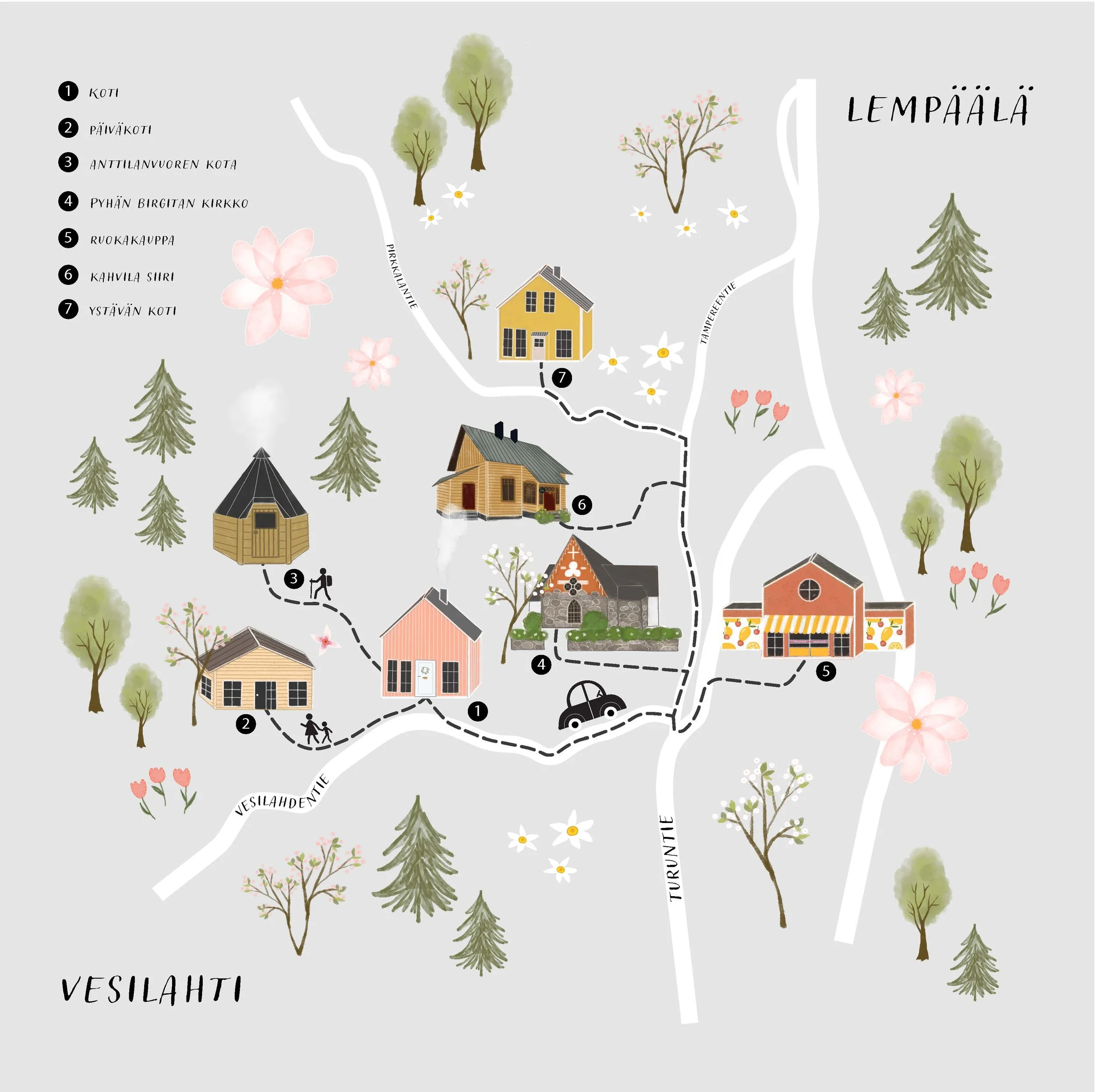 A illustrated map of Vesilahti featuring various landmarks such as homes, a cafe, a church, a grocery store, and a friends' house, surrounded by trees and flowers with labeled streets.