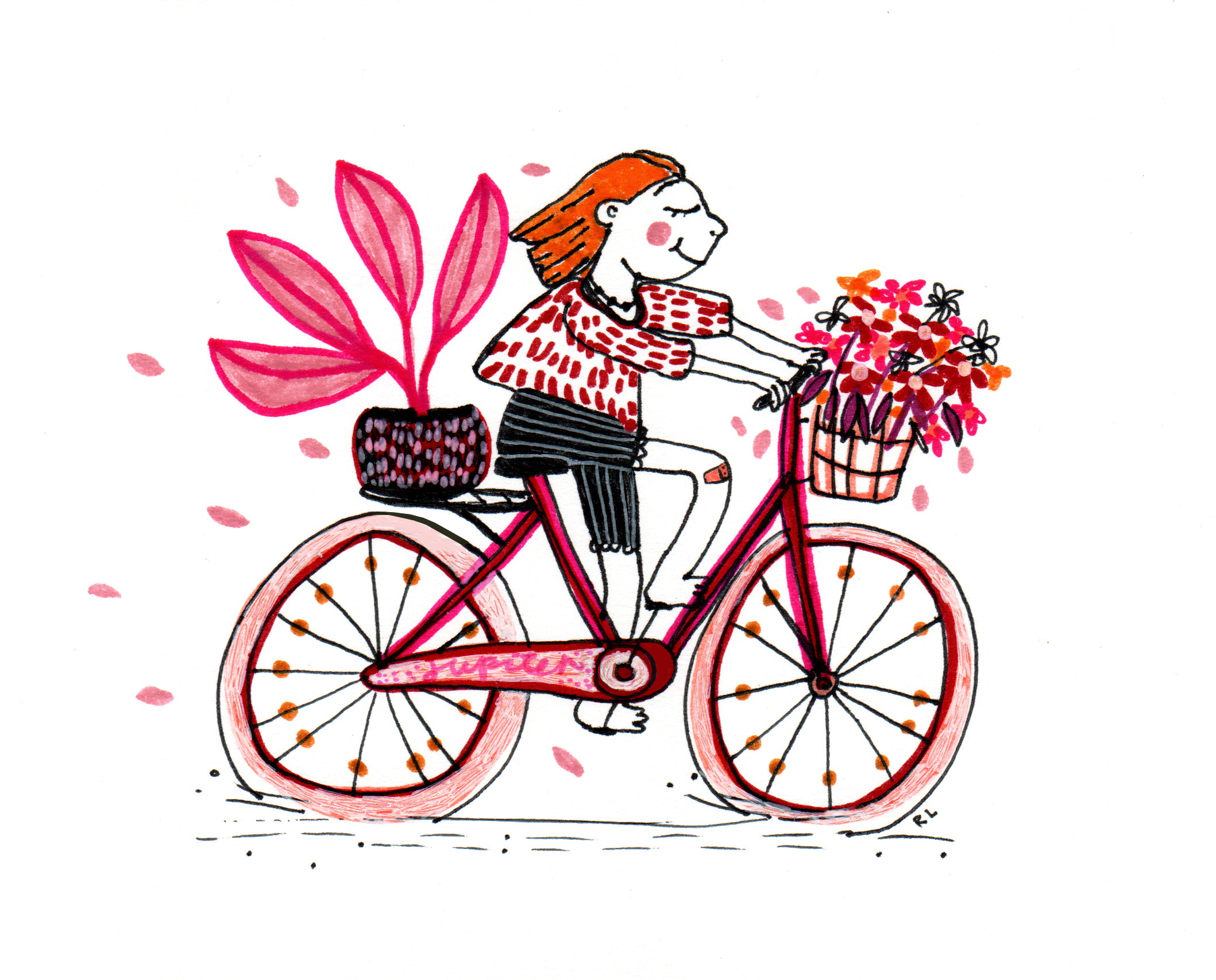 A woman riding a pink bicycle with baskets, smiling with flowers and a leafy plant inside the baskets.