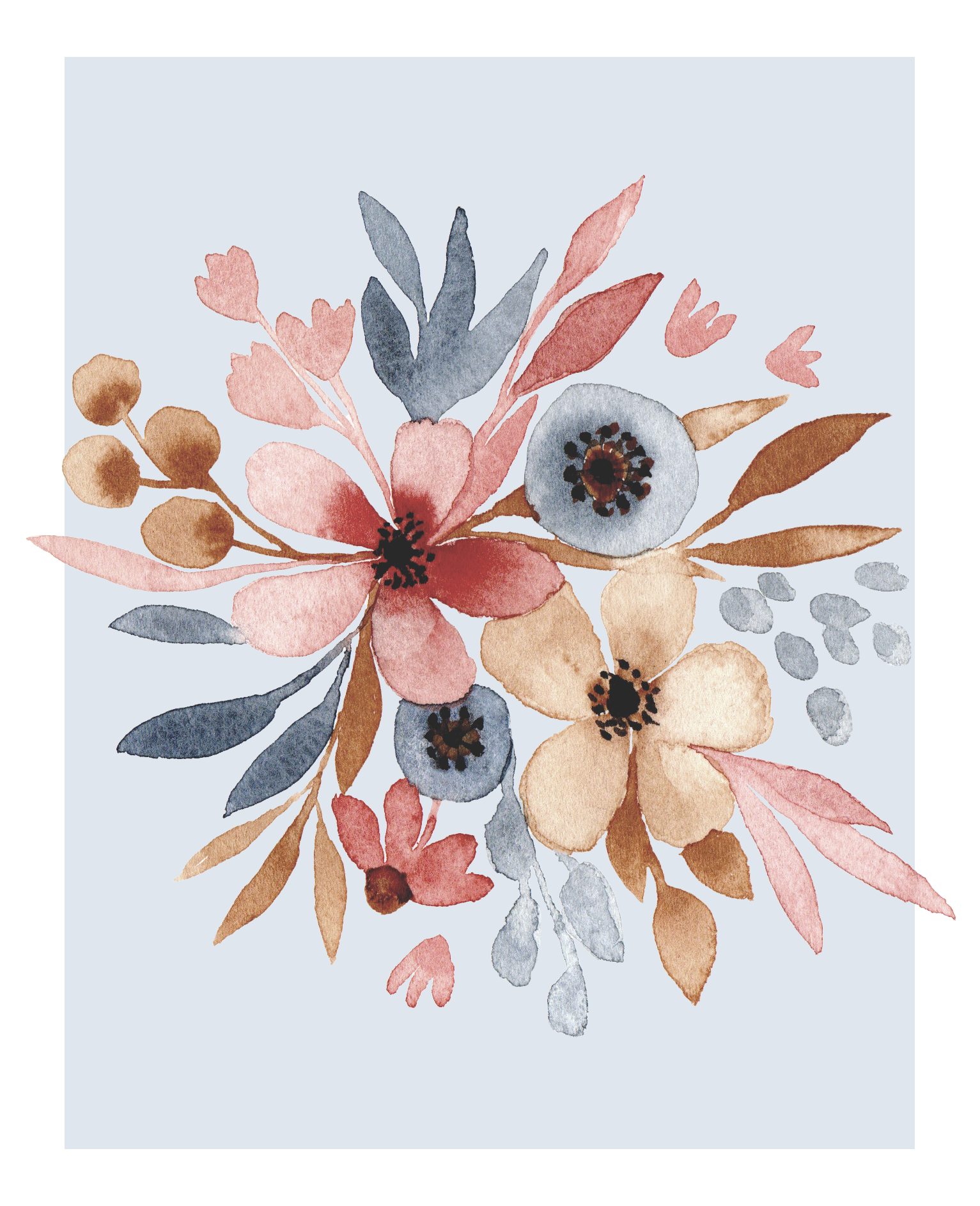 Watercolor floral arrangement with pink, beige, blue, and gray flowers and leaves on a light background.