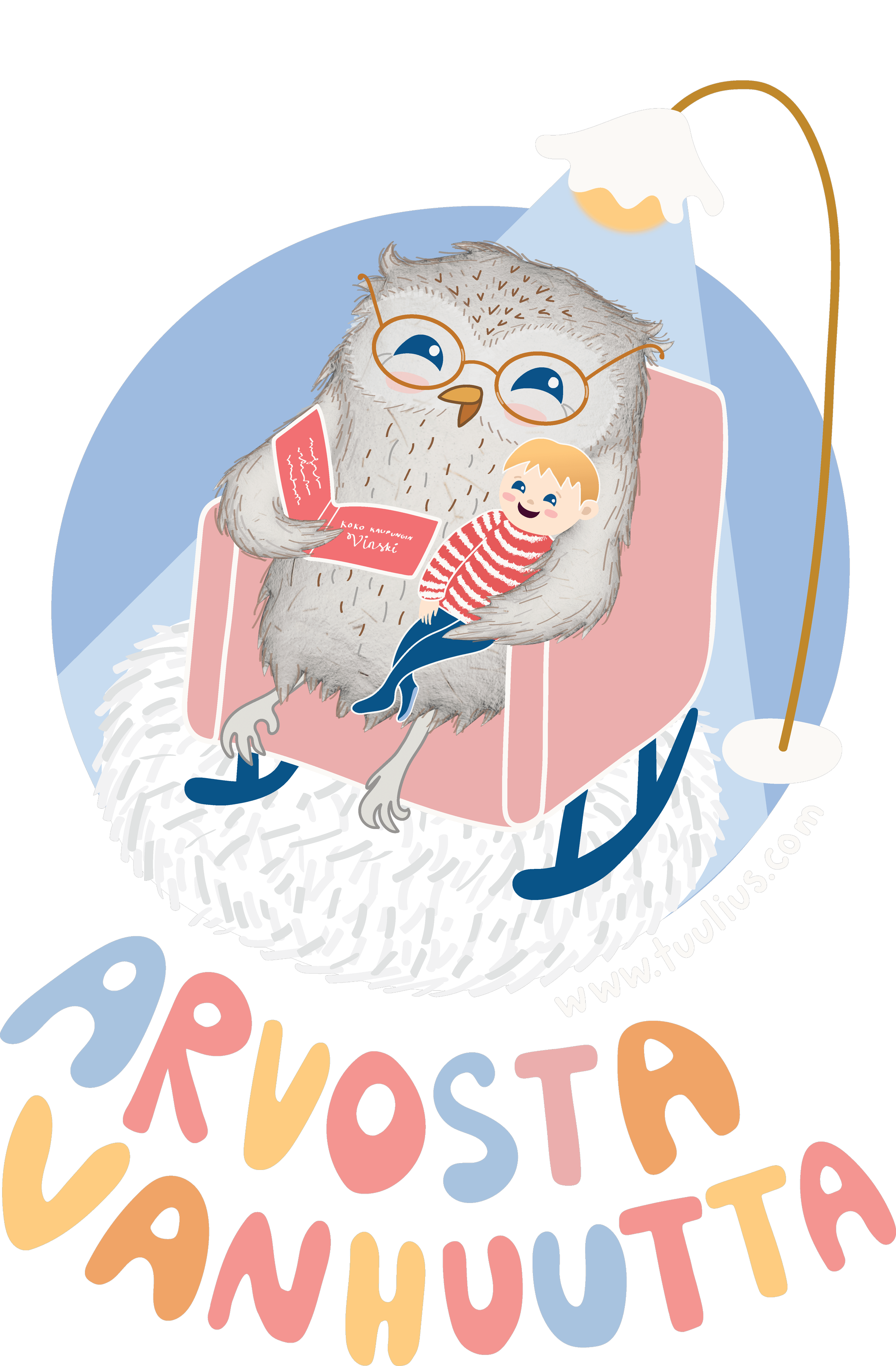 A cartoon owl wearing glasses sitting on a pink chair, holding a red book, with a child on its lap, in a cozy setting with a floor lamp and a fluffy white rug, and the words 'Arrorsta Van Houta' in colorful letters at the bottom.