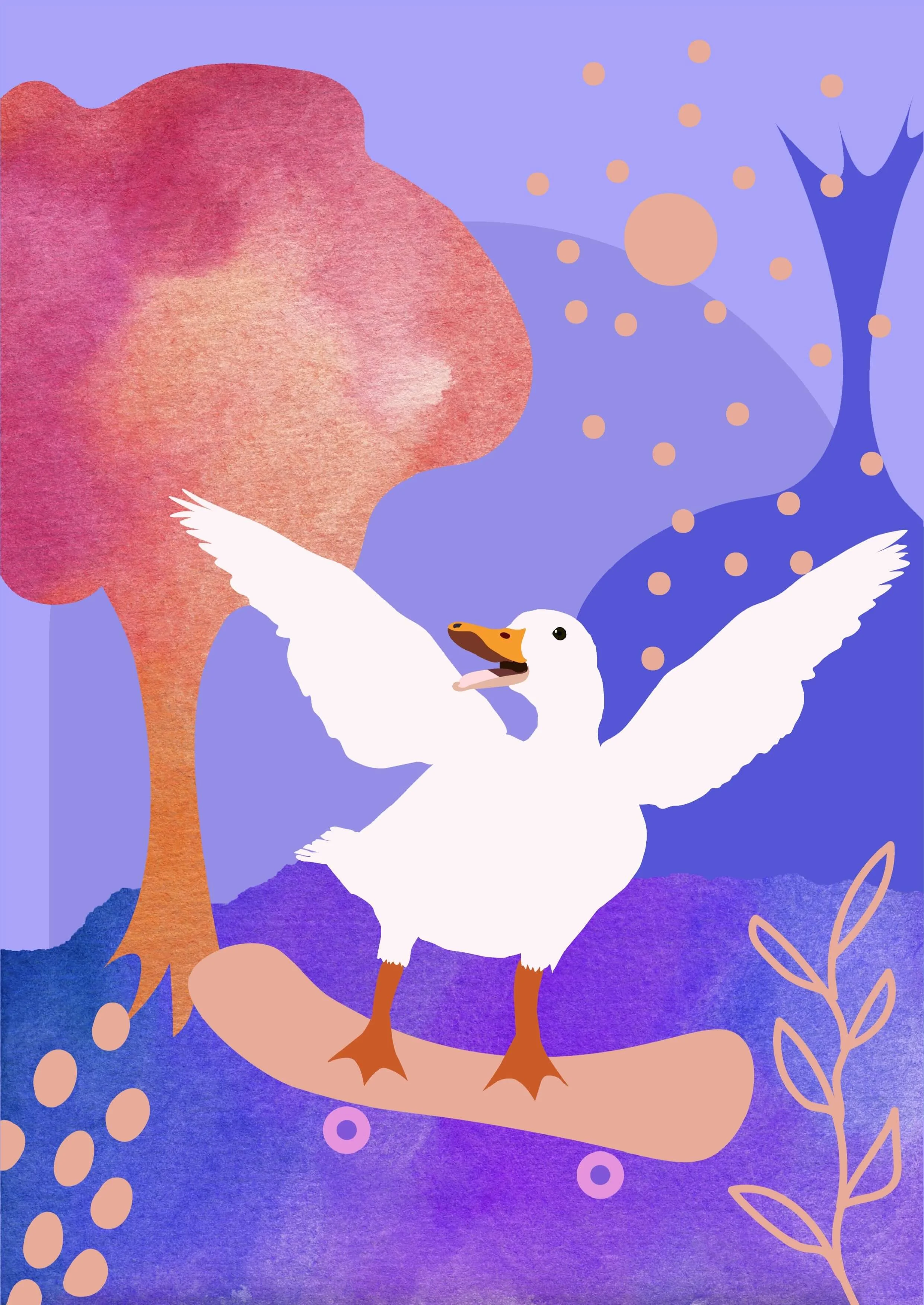 A whimsical illustration of a duck with its wings spread wide, standing on a skateboard in a colorful, stylized outdoor forest scene with trees, abstract shapes, and a purple and pink color palette.