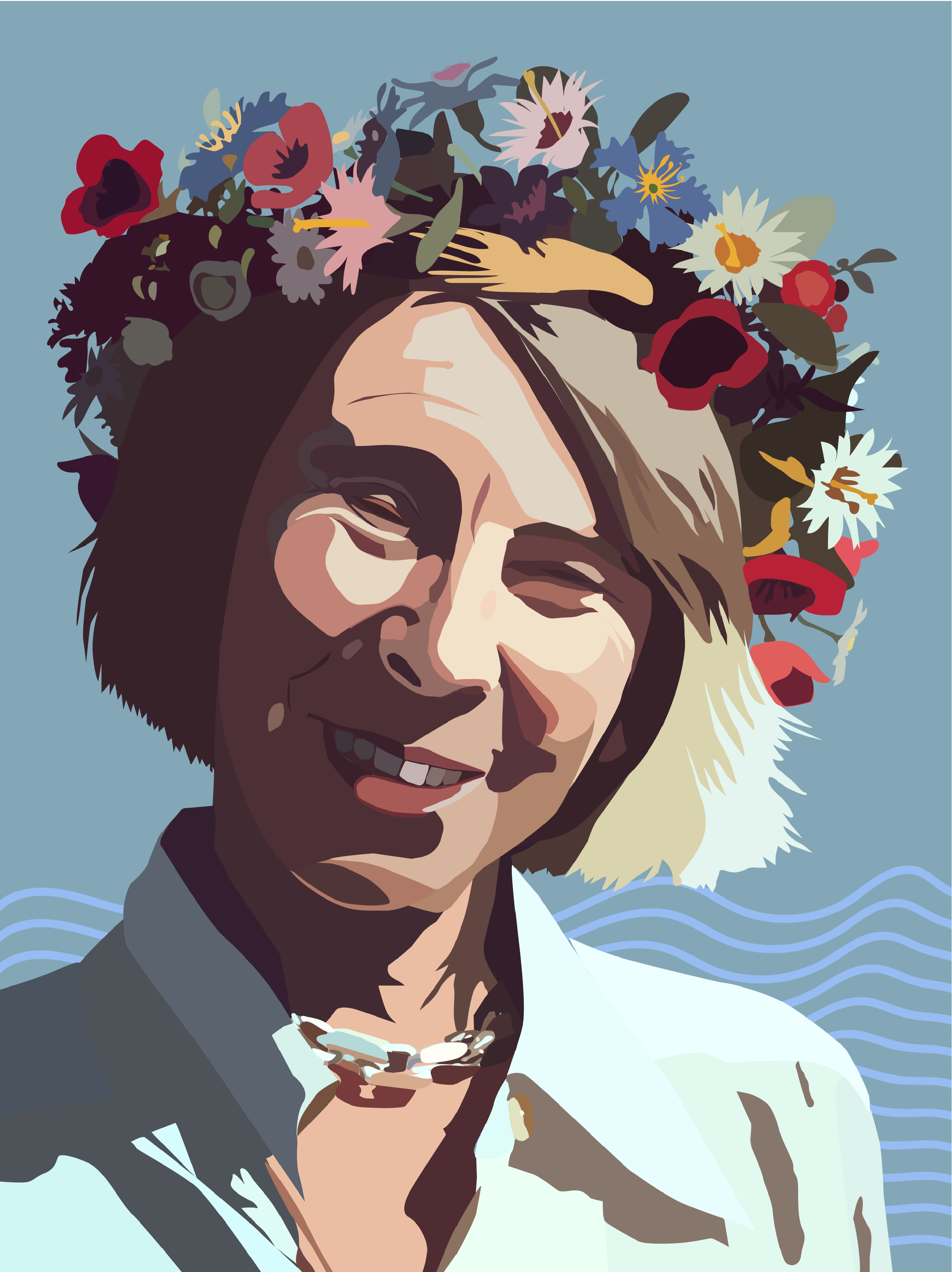 Illustration of a woman with short blonde hair, wearing a floral crown and a white shirt, smiling against a light blue background with wavy lines.