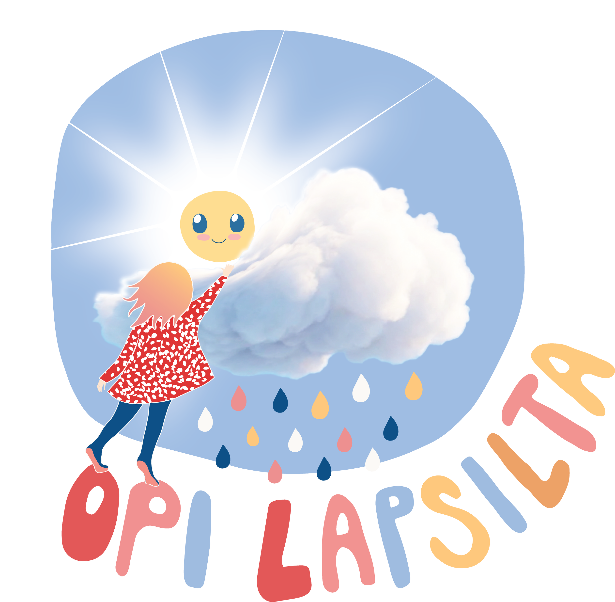 A cute cartoon girl with pink hair, wearing a red dress with white patterns and dark blue pants, reaches up toward a smiling sun with blue eyes and blush, behind a large fluffy cloud. Colorful raindrops fall beneath the cloud and the words 'OPI LAPS'