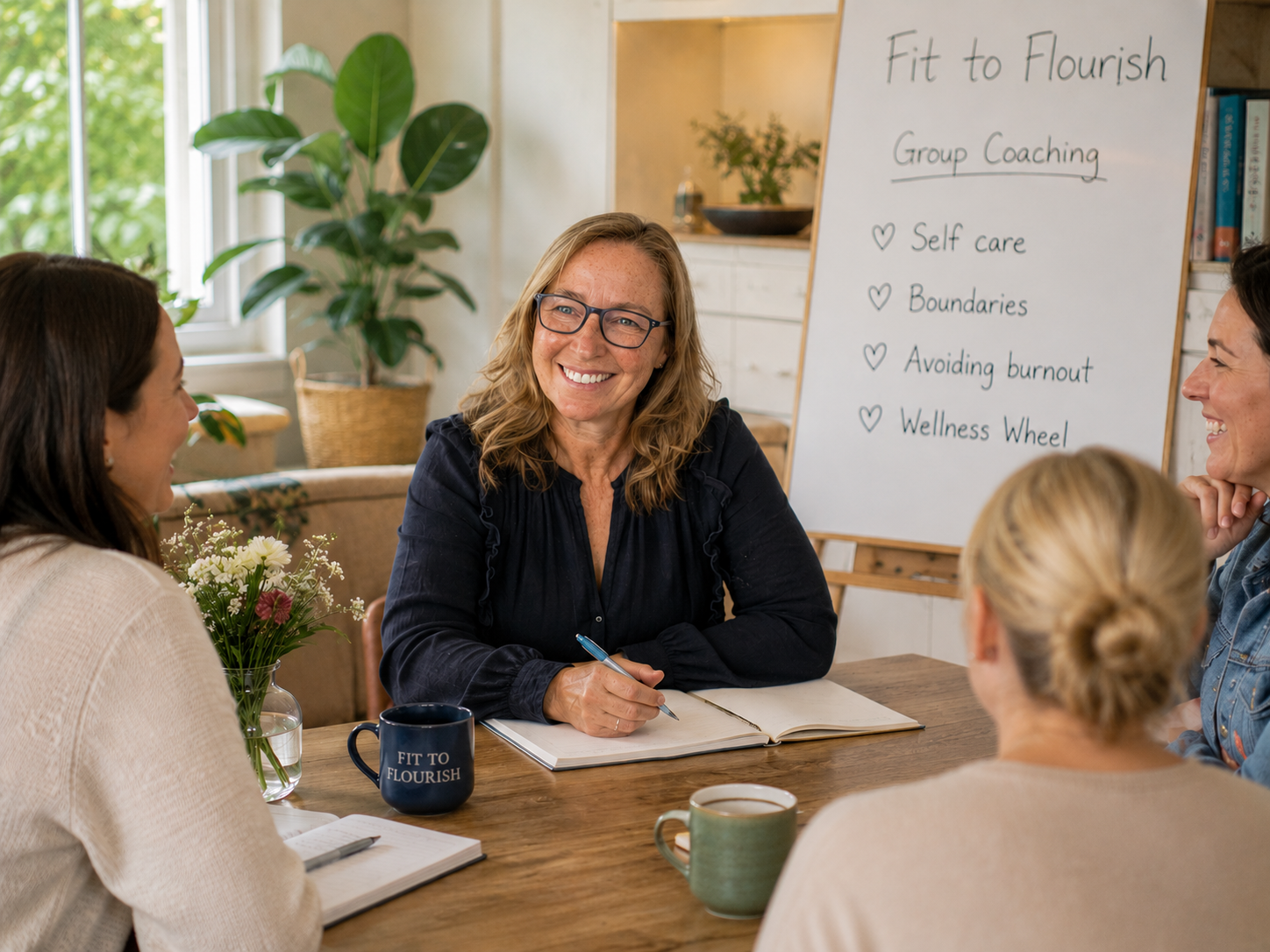 Group of women in a meeting room with a whiteboard that reads 'Fit to Flourish, Group Coaching, Self care, Boundaries, Avoiding burnout, Wellness Wheel.' A woman with glasses and blonde hair is leading the discussion, smiling, with a notebook and pen in front of her. Others are listening and smiling, with cups and notebooks on the table, and a potted plant in the background.