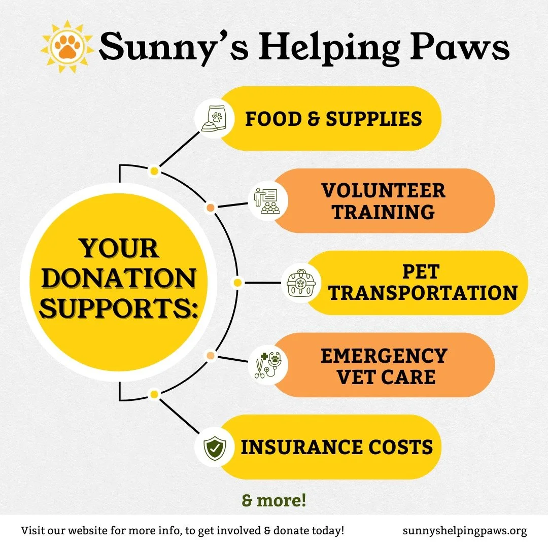 As an emerging, community-driven nonprofit, transparency matters deeply to us. When you give to Sunny&rsquo;s Helping Paws, you&rsquo;re helping provide practical, compassionate care for pets and lowering barriers to treatment for people who need tim