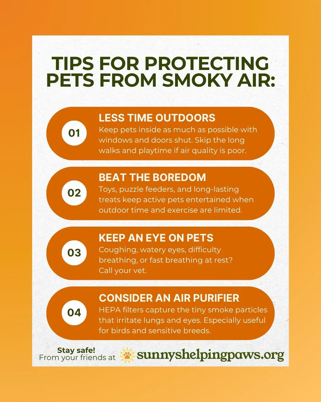 As smoky conditions impact air quality across our region, it&rsquo;s important to think about our pets, especially those who may be more vulnerable.

Pets at higher risk include:
&bull; Puppies and kittens
&bull; Senior pets
&bull; Pets with heart or