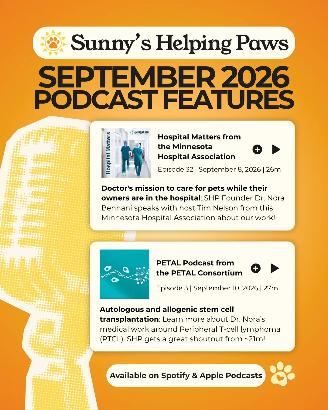 It&rsquo;s already been a busy month behind the scenes at Sunny&rsquo;s Helping Paws, and we&rsquo;re excited to share two podcast conversations that offer different perspectives on why our work is so important: 

In the first, Dr. Nora speaks with a