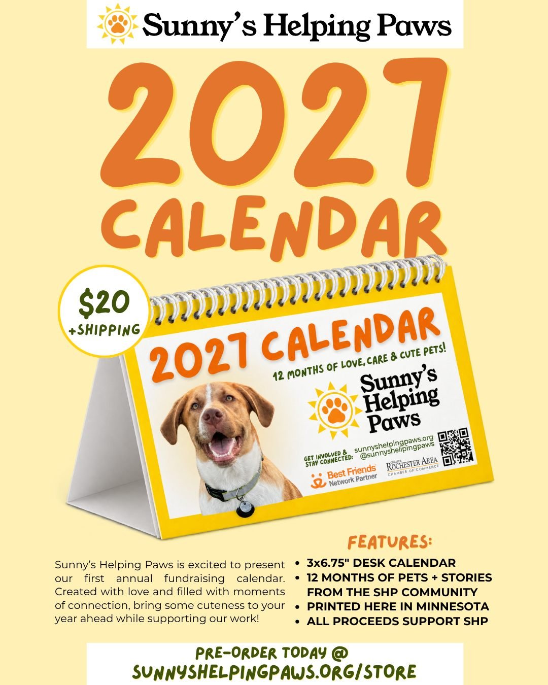 A whole year of cute faces, all for a good cause... our 2027 Sunny&rsquo;s Helping Paws calendar is here! 

Featuring 12 months of pets and heartwarming tidbits about the time we spent with them, the 2027 SHP calendar is a little way to bring some ex