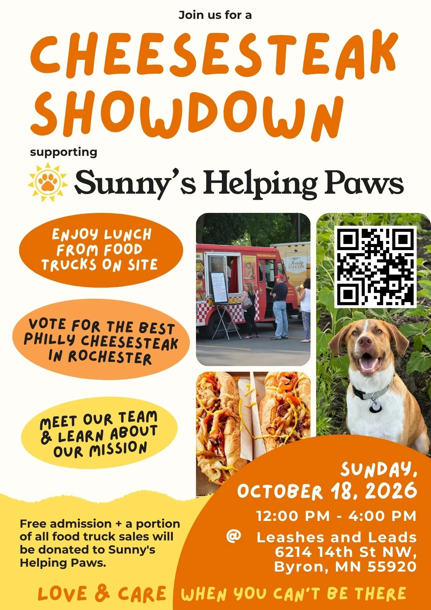 Flyer for a Cheeesetake Showdown event supporting Sunny's Helping Paws, featuring images of a food truck, hot dogs, and a happy dog, with event details, date, time, location, and QR code.