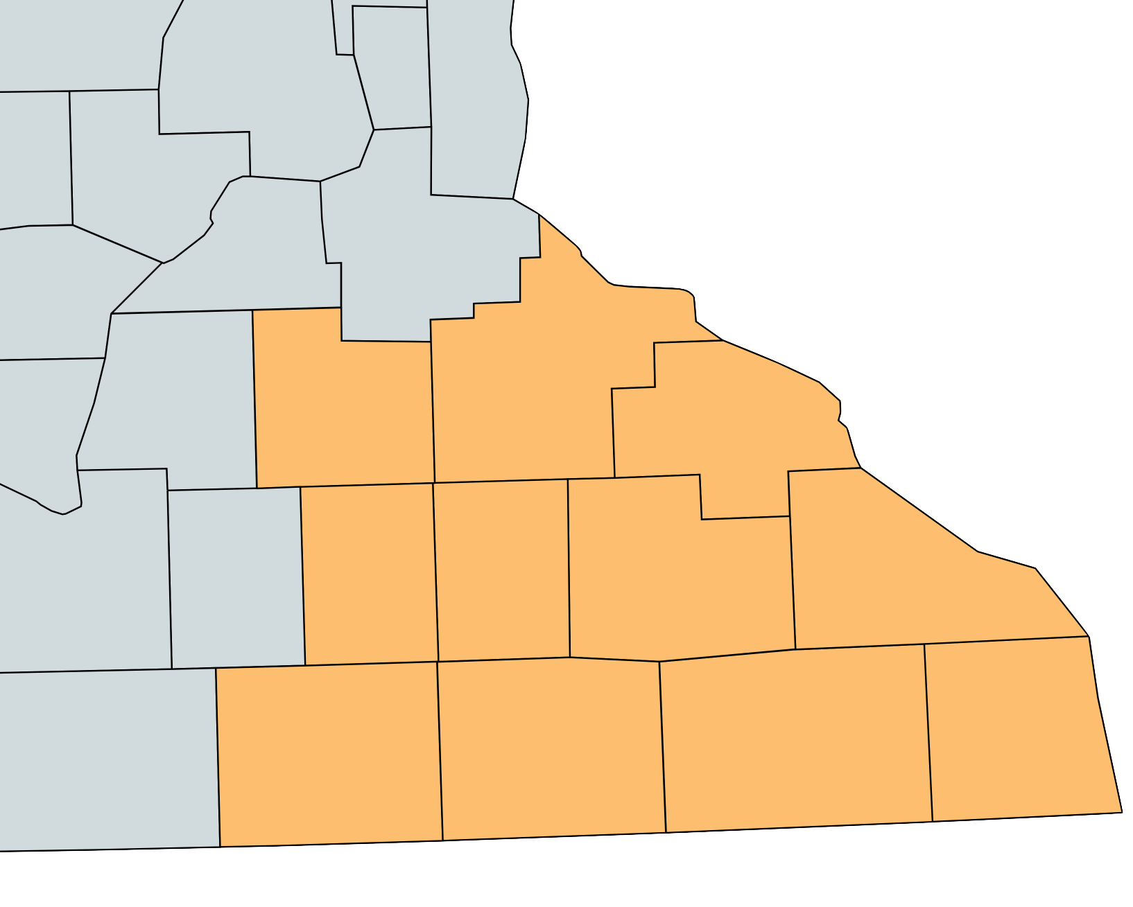 A regional map highlighting areas in orange, with neighboring regions in light gray, showing geographic boundaries and borders.