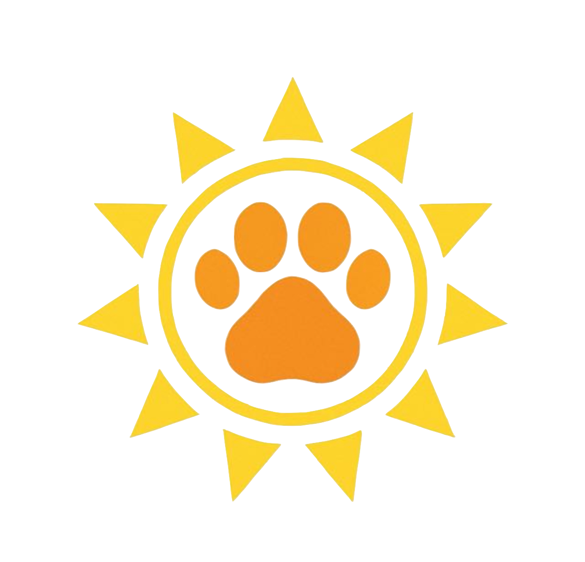 The Sunny's Helping Paws logo image of bright yellow sun illustration with triangular rays surrounding a circle that contains an orange paw print.