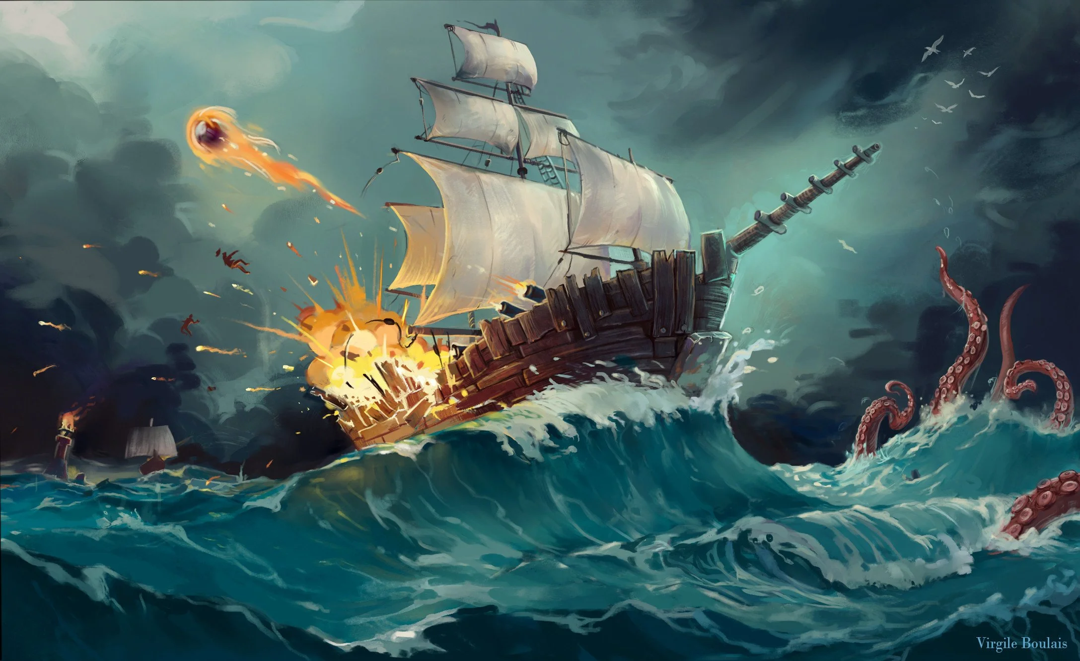 Une bataille navale fantastique avec un navire en bois de style ancien, en train de couler dans une mer agitée, avec des tentacules de pieuvres géantes émergeant de l'eau. L'arrière du navire explose. Illustration pour le DLC Besiege
